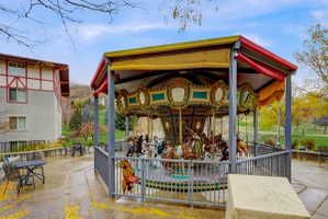 Outdoor recreational carousel featuring a decorative canopy and painted animal figures
