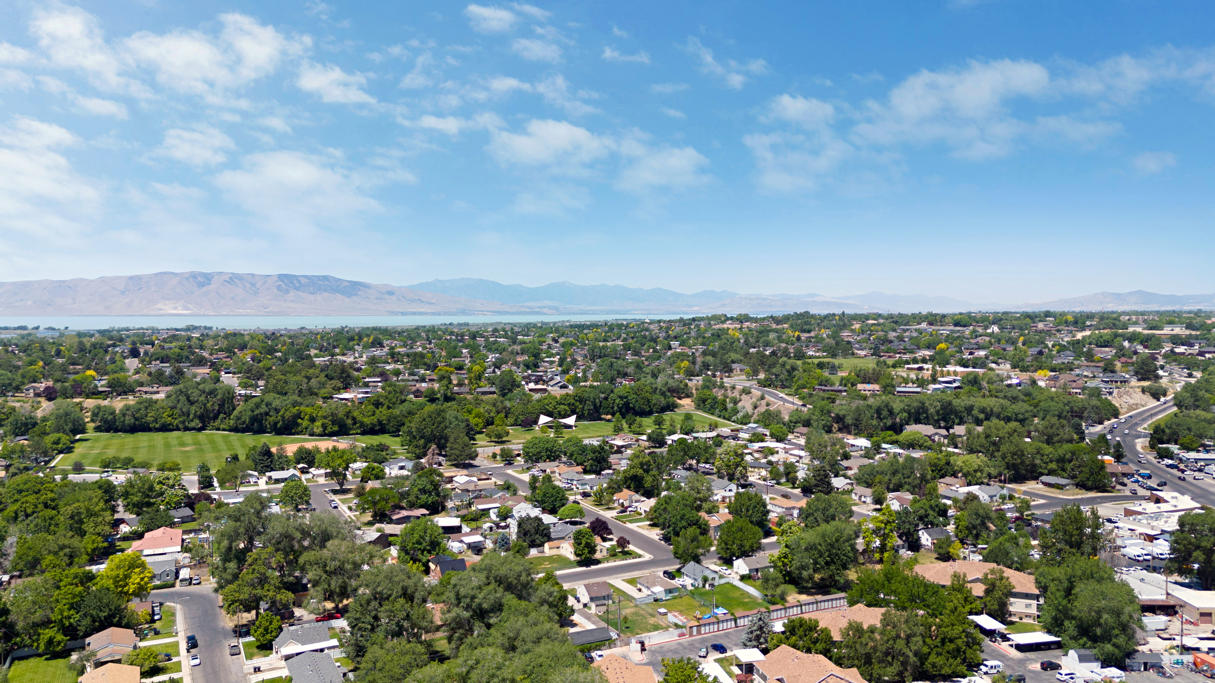 Expansive aerial perspective showcasing a residential area with mature trees, established streets, and varied property types