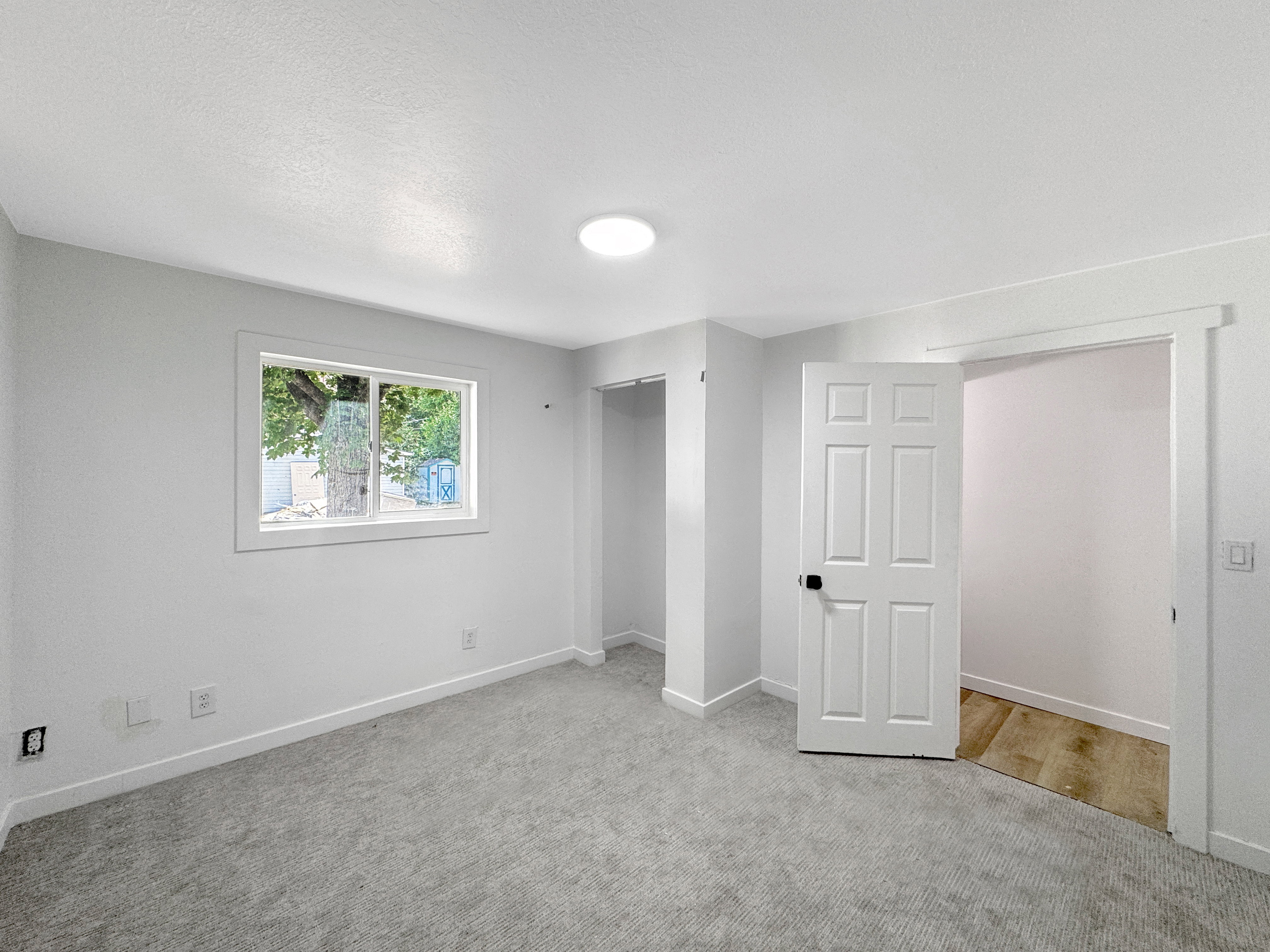 Spacious room featuring light gray carpeting, a single window with white trim, a built-in closet, a white panel door, and an overhead flush-mount light fixture