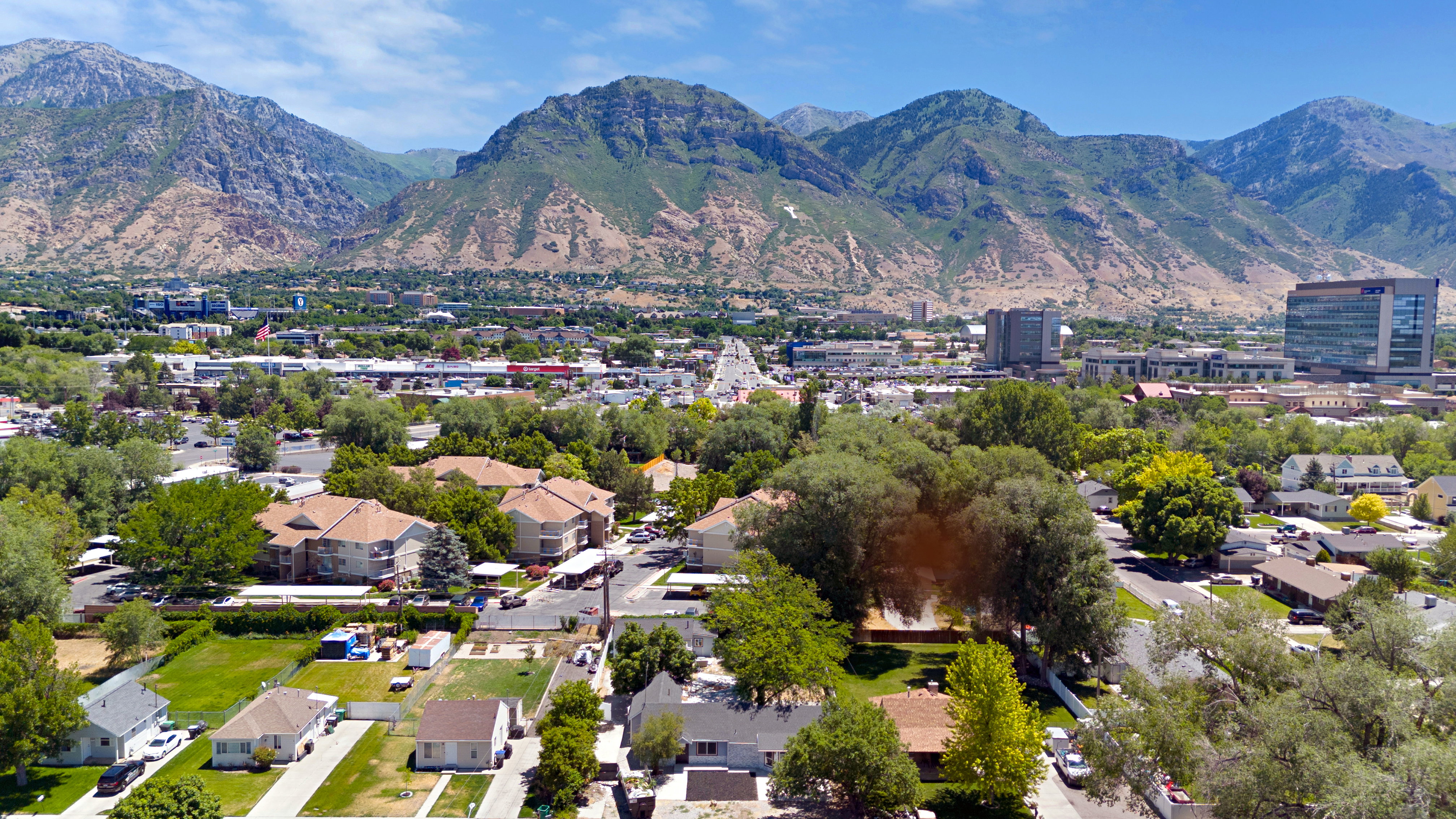 Expansive mountain backdrop with a vibrant urban landscape featuring diverse architectural styles and mature trees