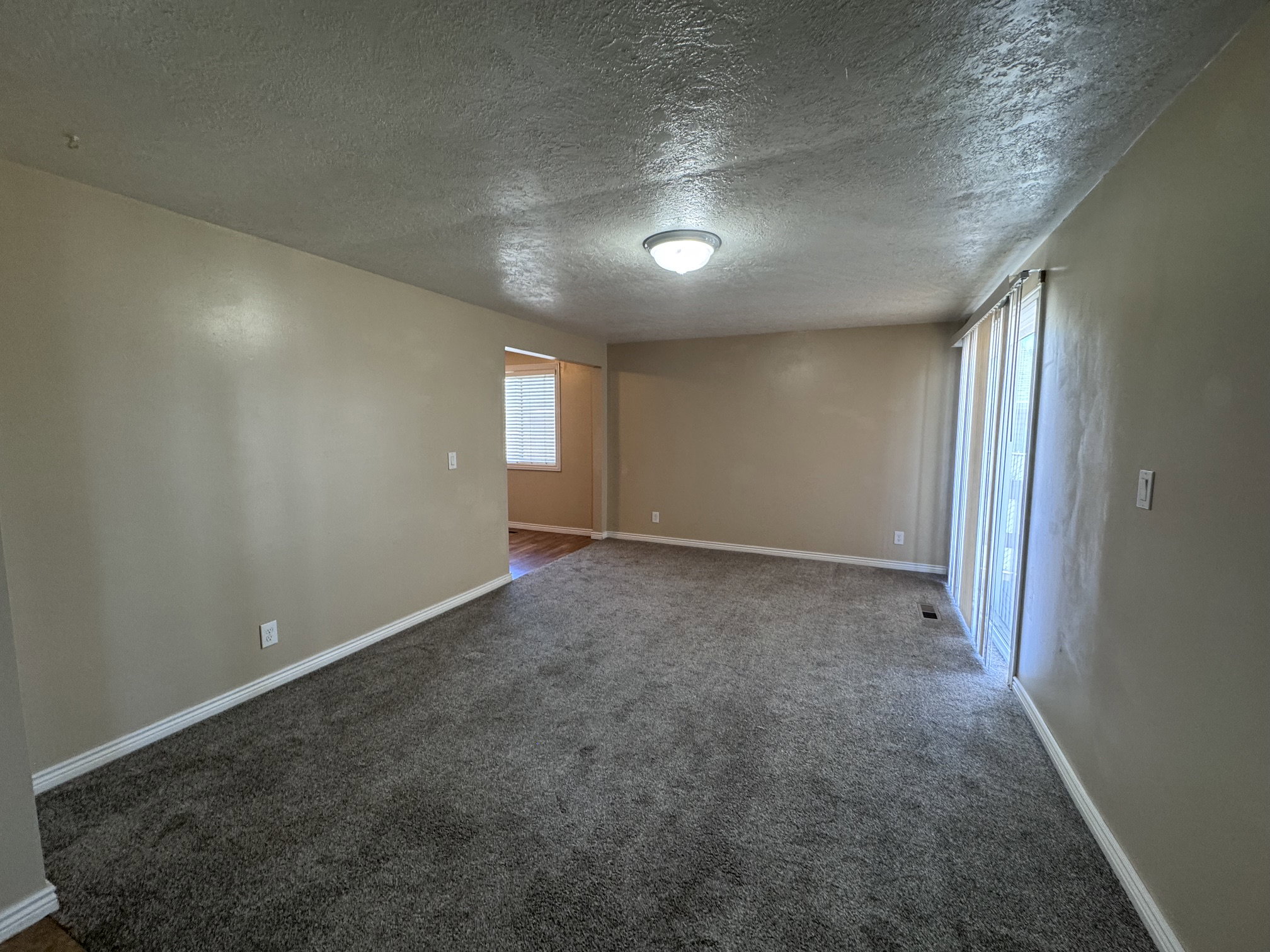 Spacious room featuring neutral-toned walls, textured ceiling, and plush carpeting
