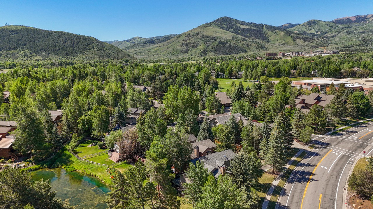 Aerial perspective showcasing a residential community nestled among lush trees