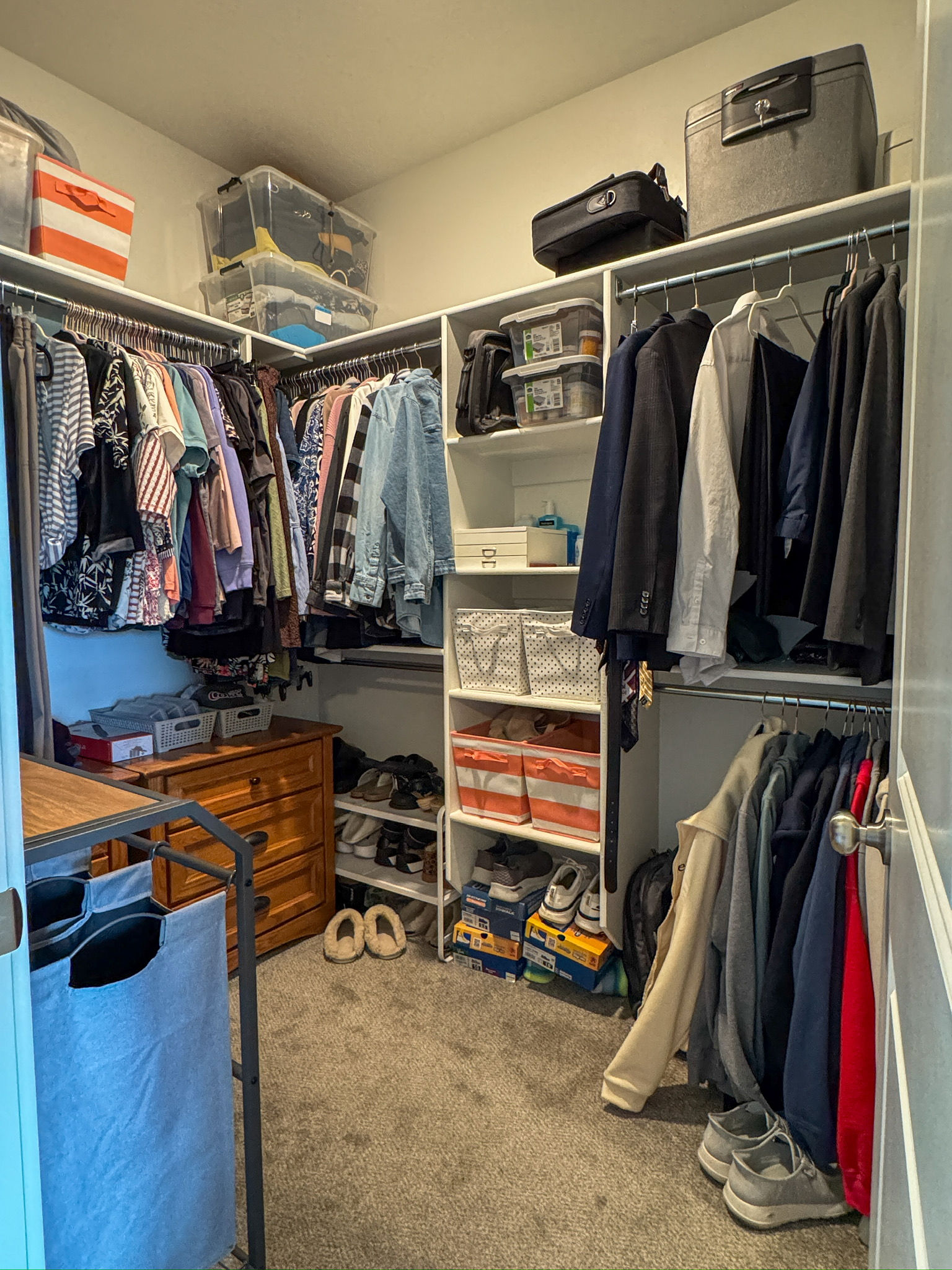 Custom closet system featuring white shelving and chrome hanging rods
