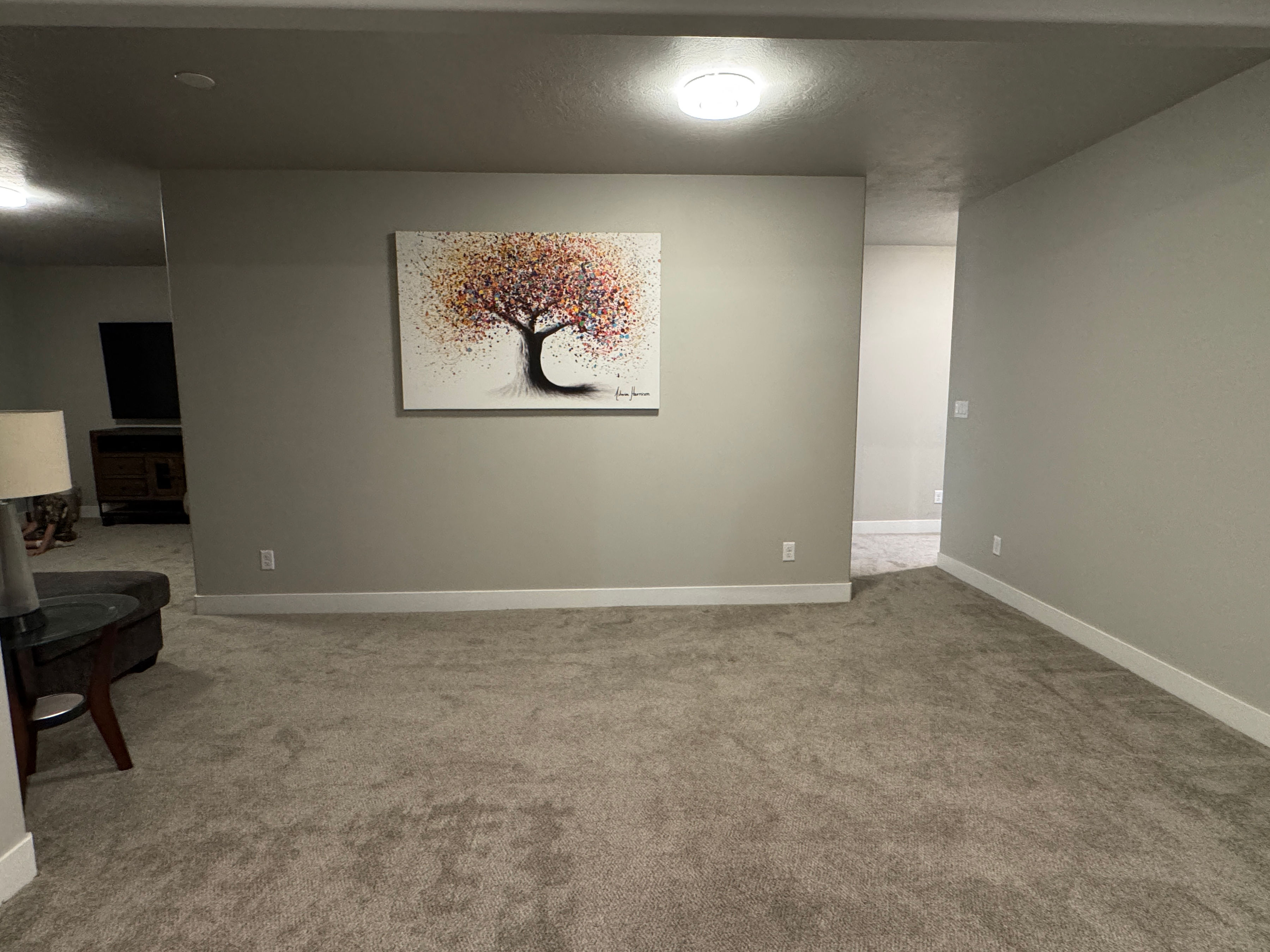 Carpeted room with neutral wall paint and white baseboards