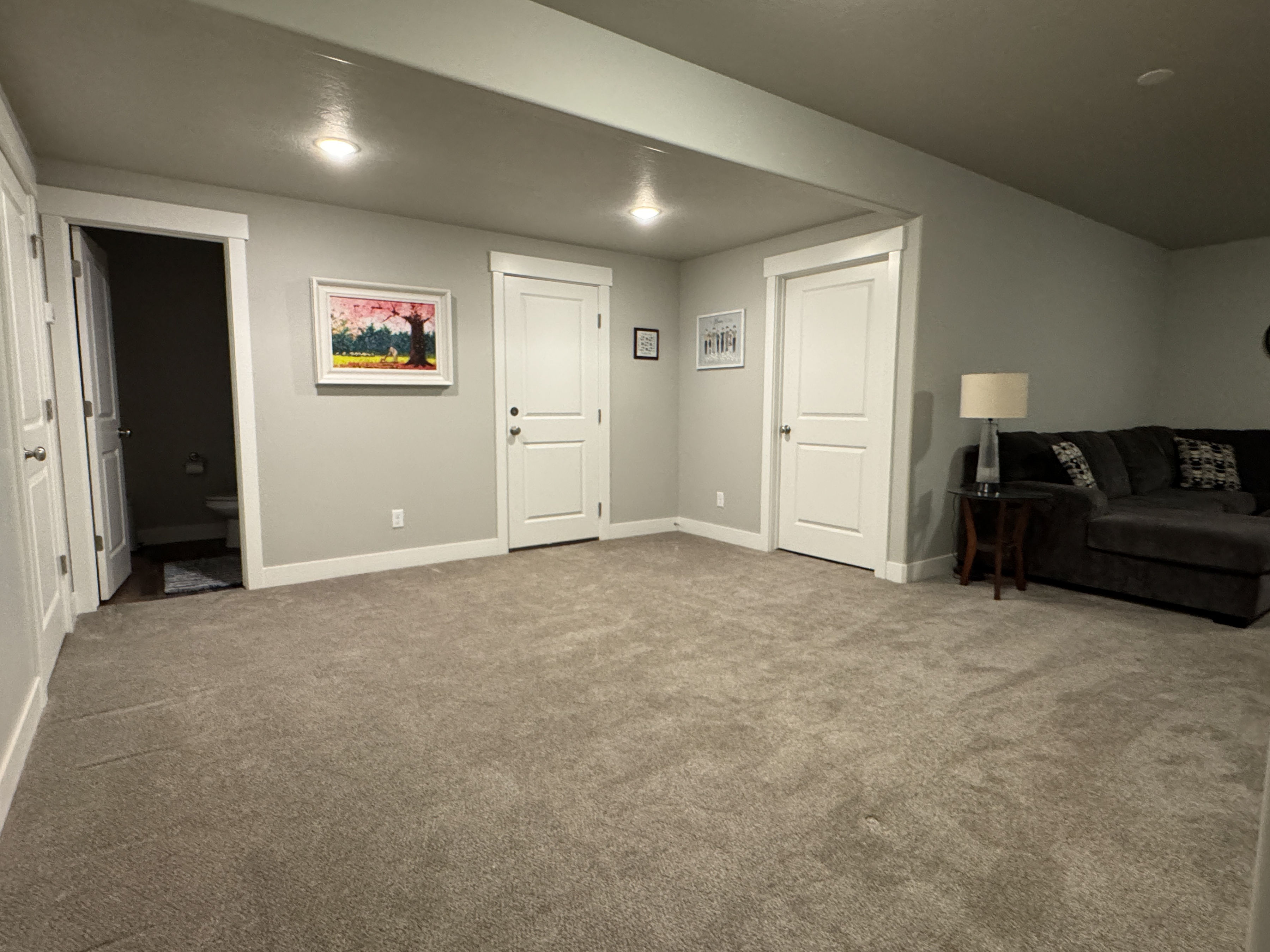 Spacious carpeted area with recessed lighting and neutral wall tones