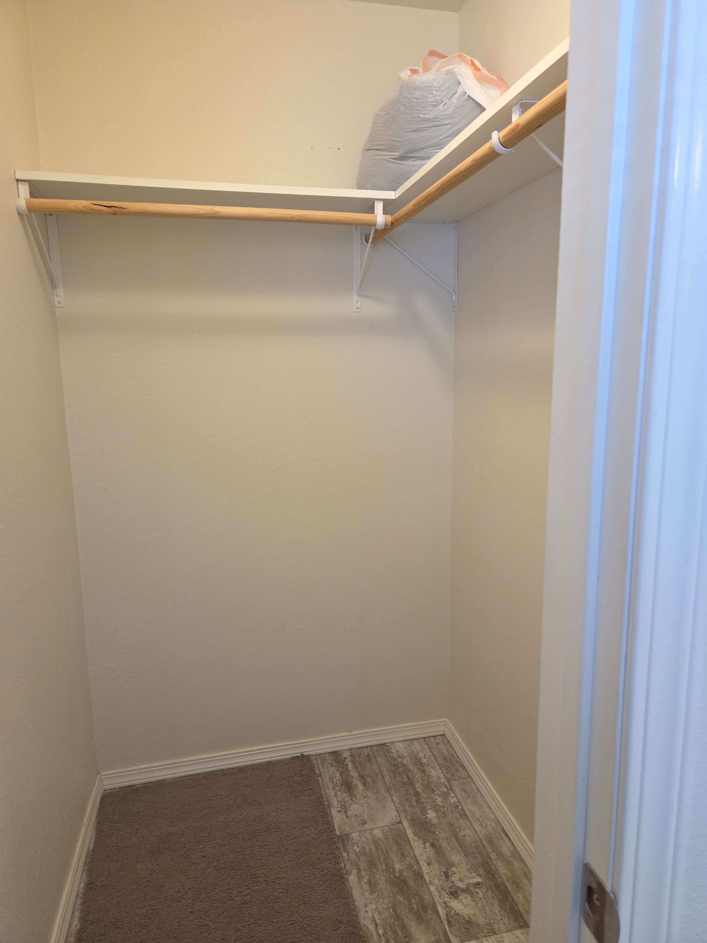 Walk-in closet featuring white shelving, a wood hanging rod, carpeted