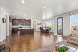 Open-concept floorplan featuring wood-finish flooring, recessed lighting, and a kitchen with dark wood cabinetry