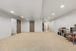 Expansive carpeted area with recessed lighting, white walls, and multiple panel doors
