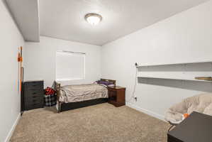 White walls, neutral carpet, and a window with blinds create a bright interior
