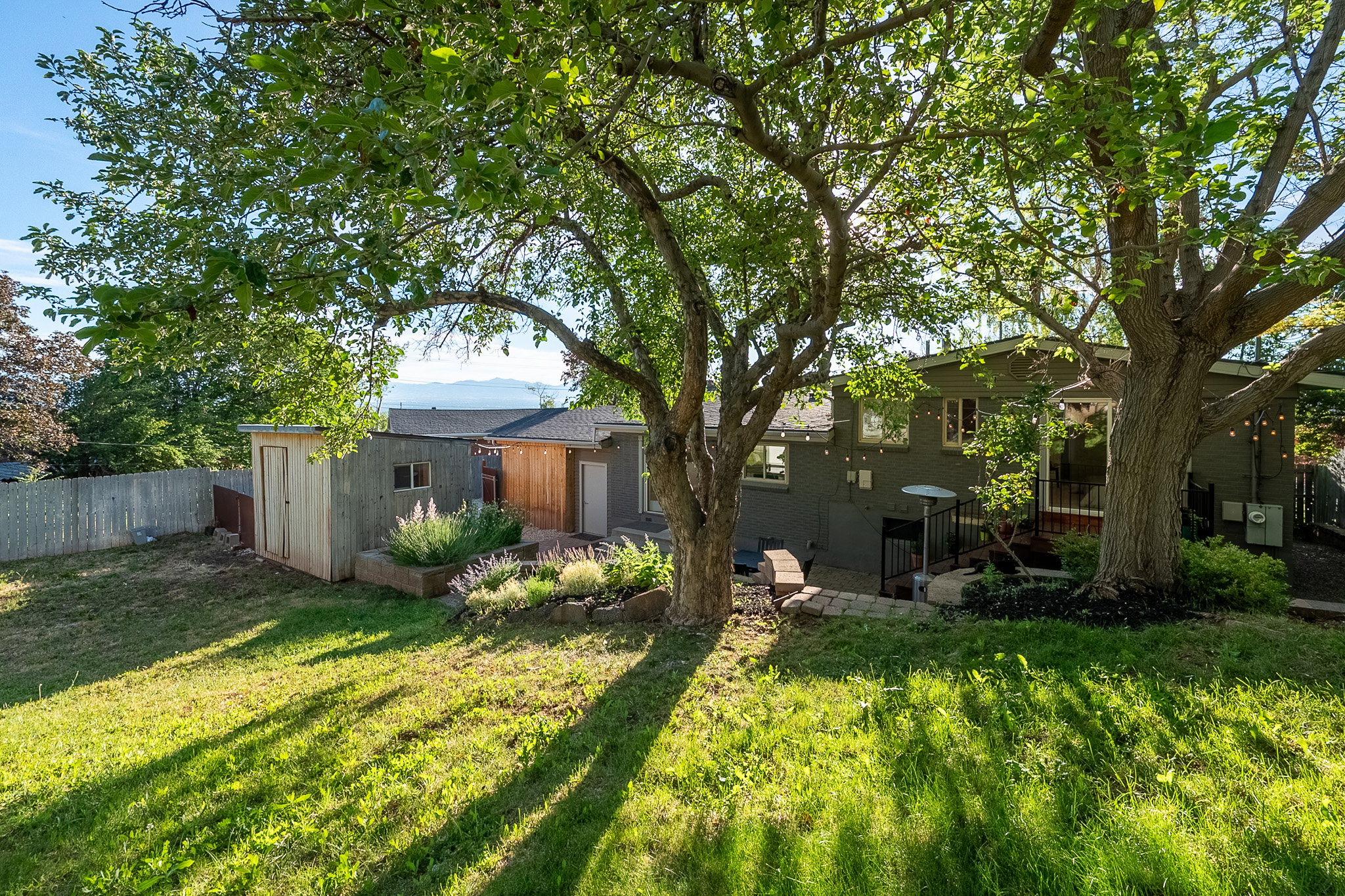Expansive backyard featuring mature trees, a manicured lawn, and a wooden storage shed