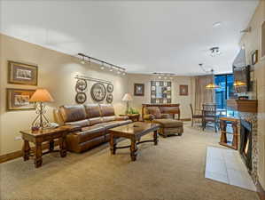 Carpeted living area featuring track lighting, built-in fireplace with tile surround, and a dining area with pendant lighting