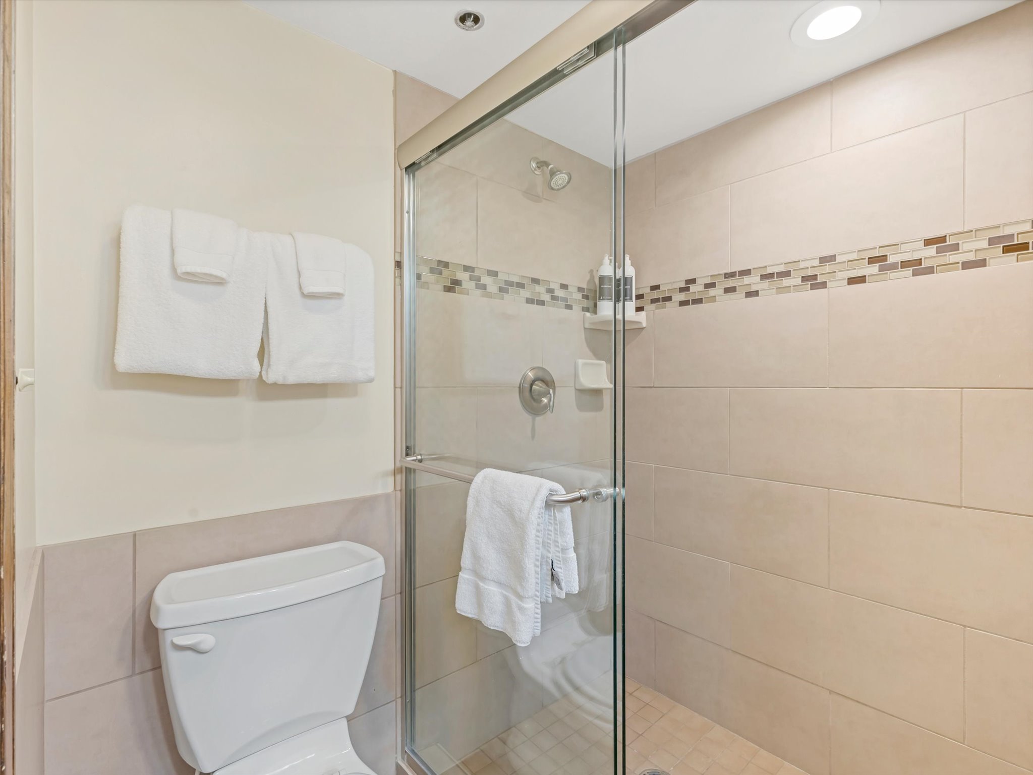 Walk-in shower featuring a glass enclosure with a polished chrome handle, large format tile surround, and a decorative mosaic tile accent band