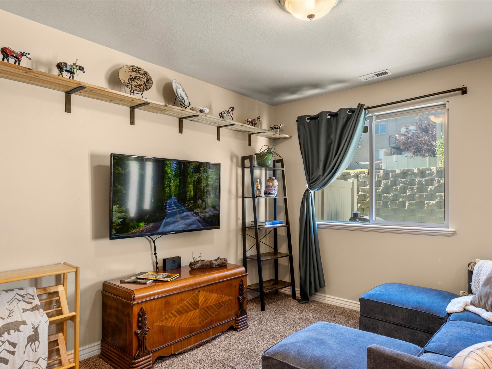 Carpeted living area featuring a wall-mounted television, a large window, and built-in shelving