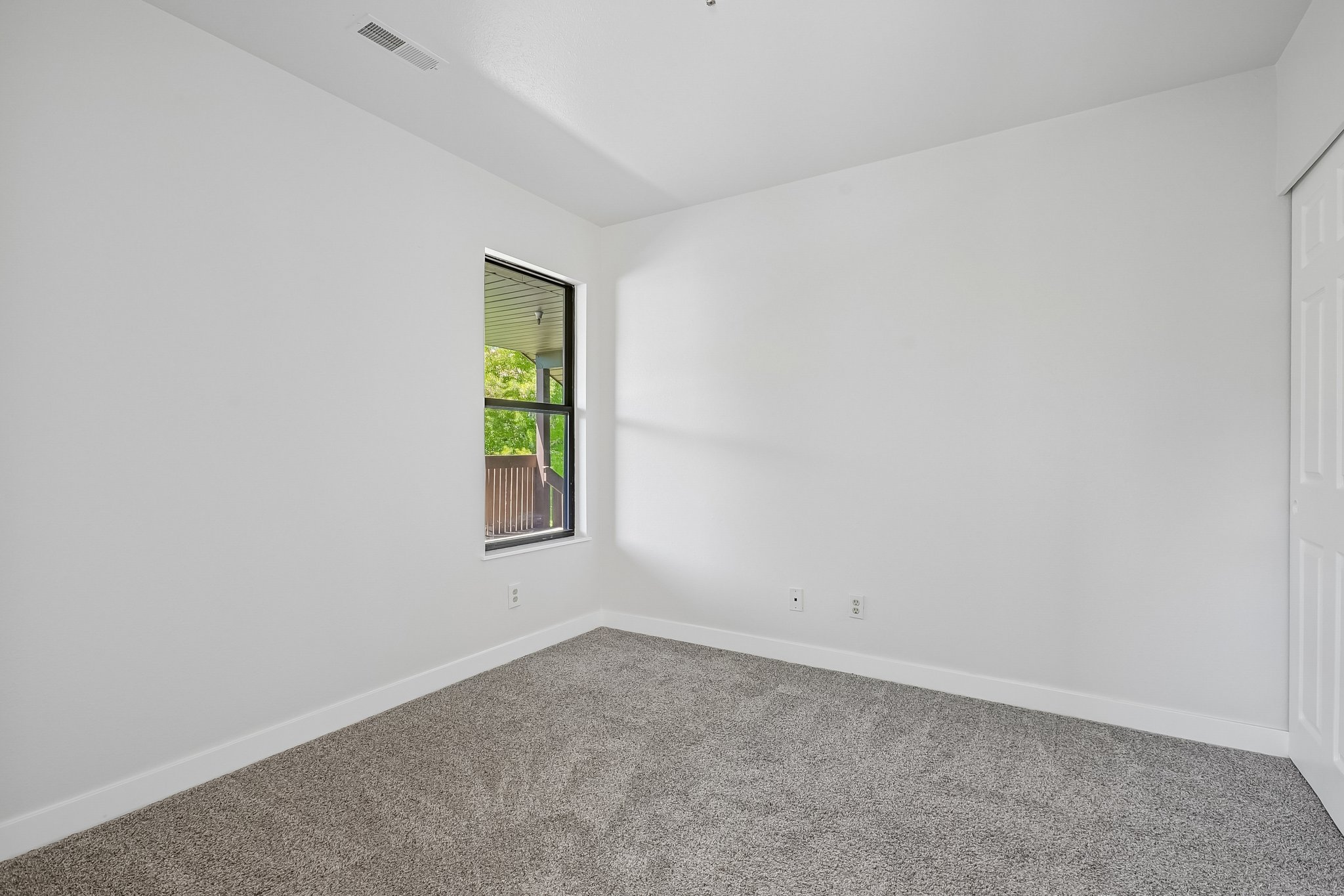 Bright room featuring neutral wall paint, gray carpeting, a single window with black trim, and a white paneled closet door