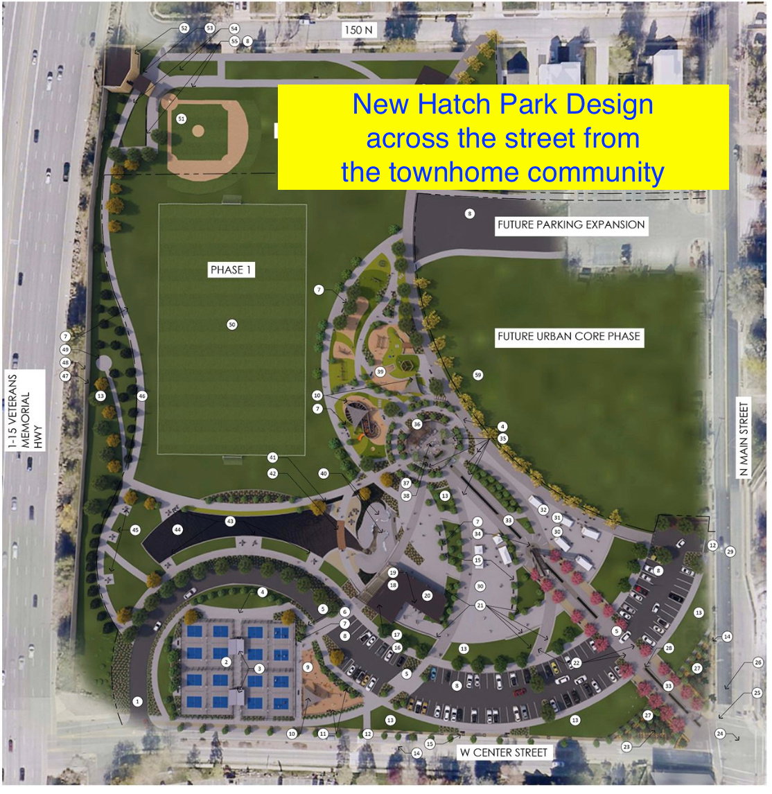 Site Plan. Illustrating the design for New Hatch Park, including future development phases