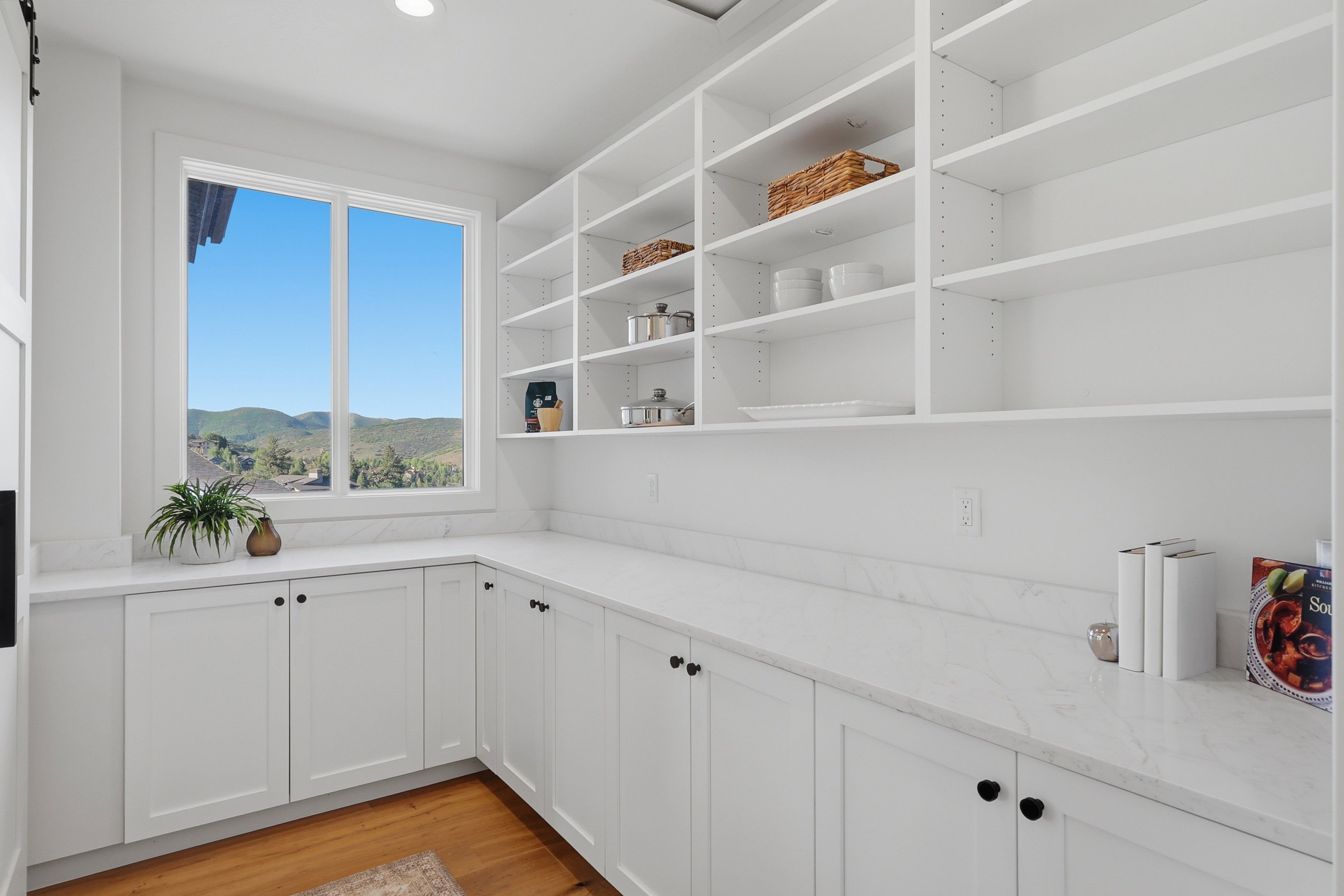 Walk-in pantry featuring extensive built-in shelving, white cabinetry with black hardware, white countertops, and wood-finish flooring