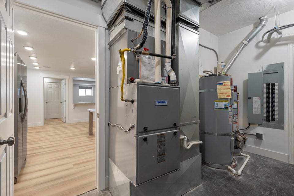 Utility area featuring a furnace, water heater, and electrical panel