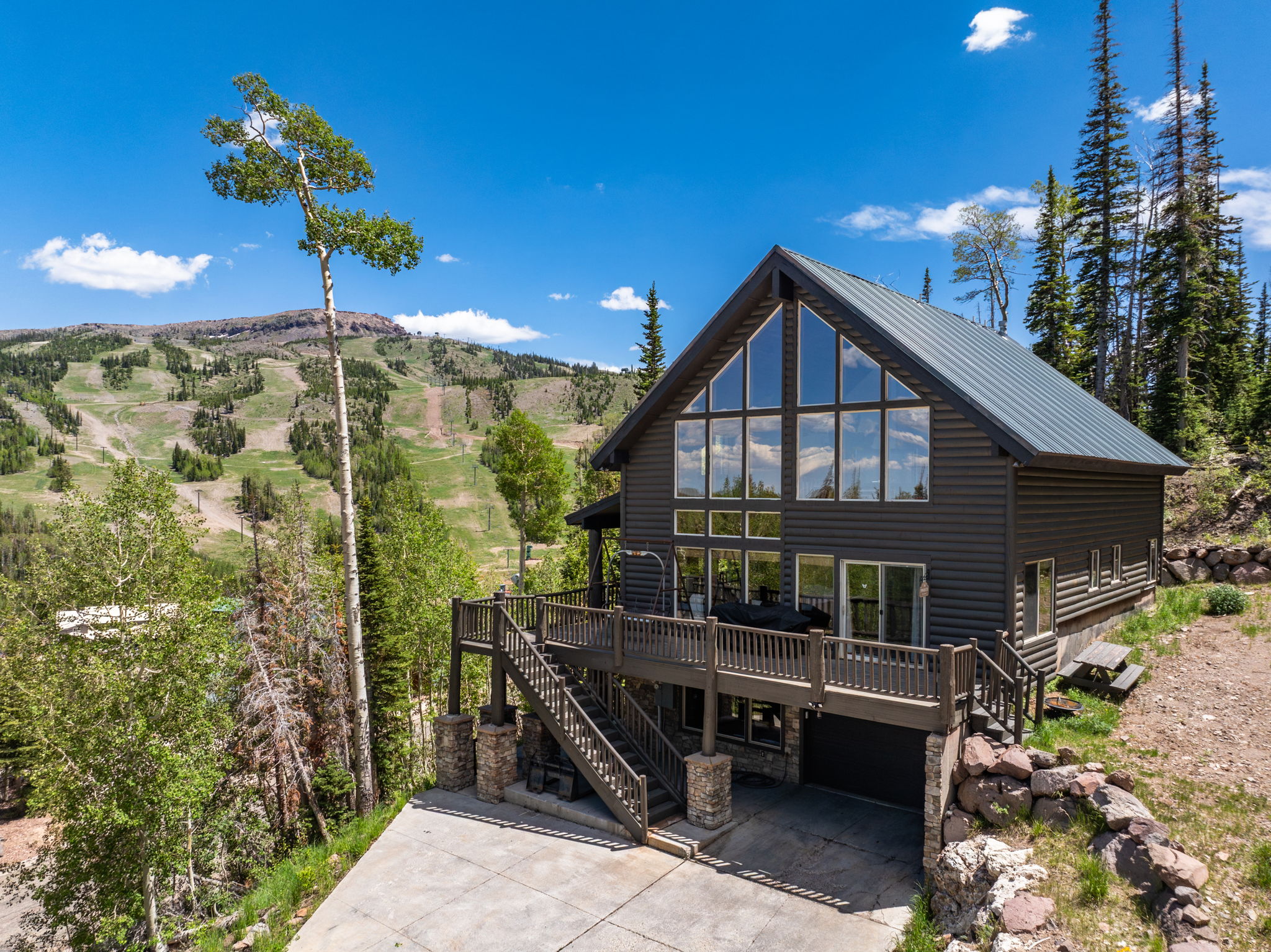 Contemporary A-frame residence featuring a dark wood-finish exterior and a metal roof