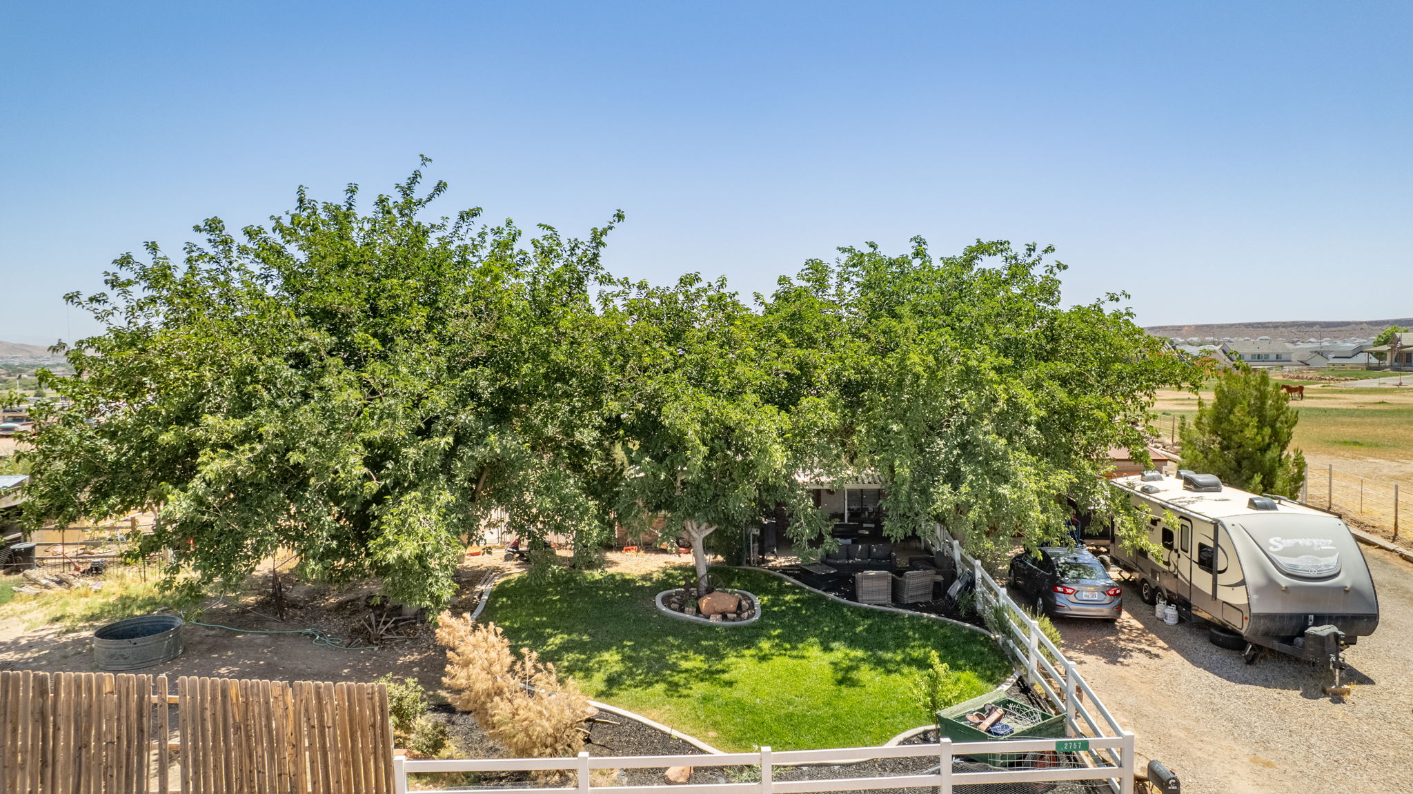 Expansive backyard featuring mature trees, a manicured lawn, and a white picket fence