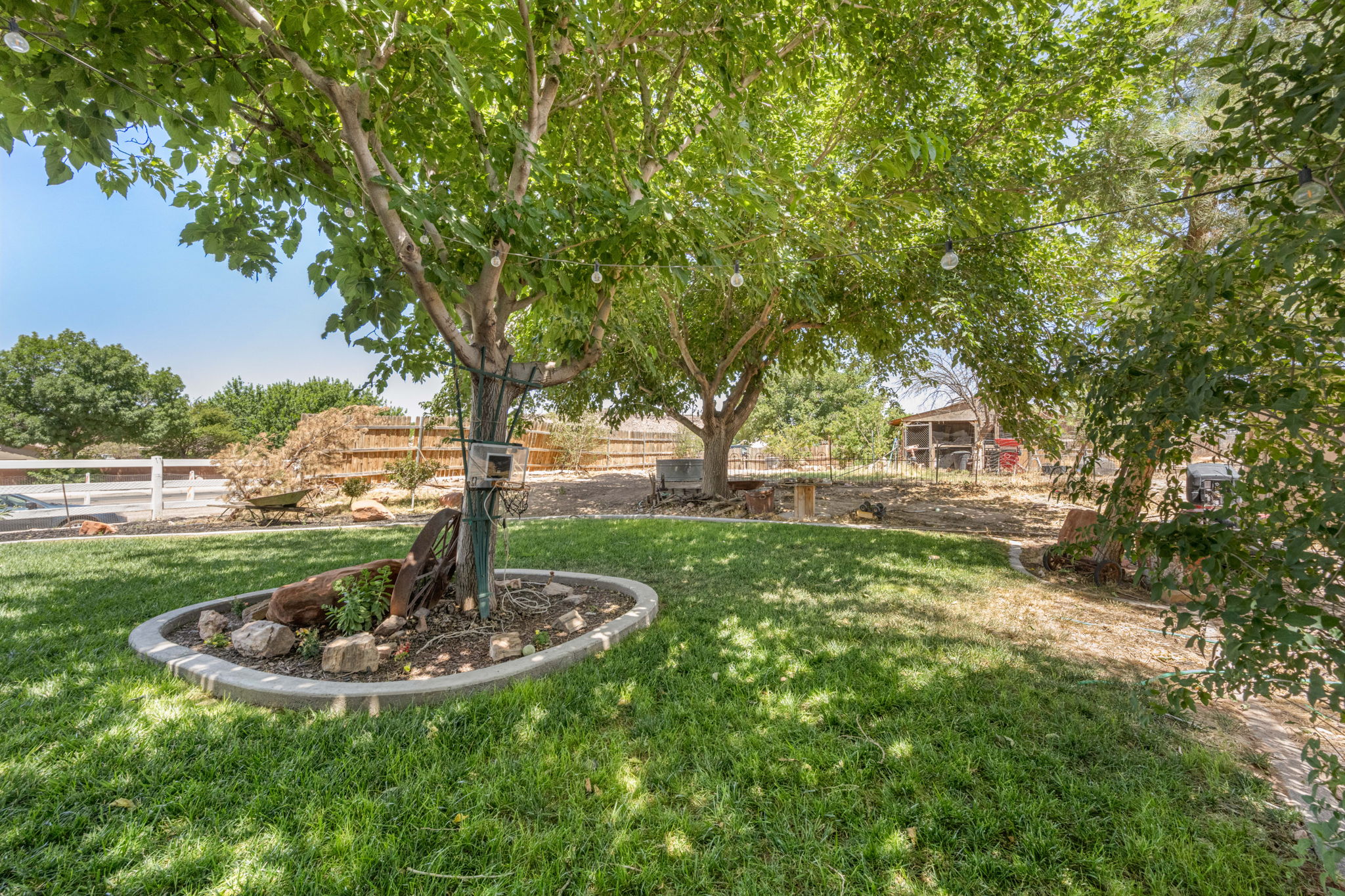 Expansive landscaped yard featuring mature trees, a manicured lawn, and a white picket fence