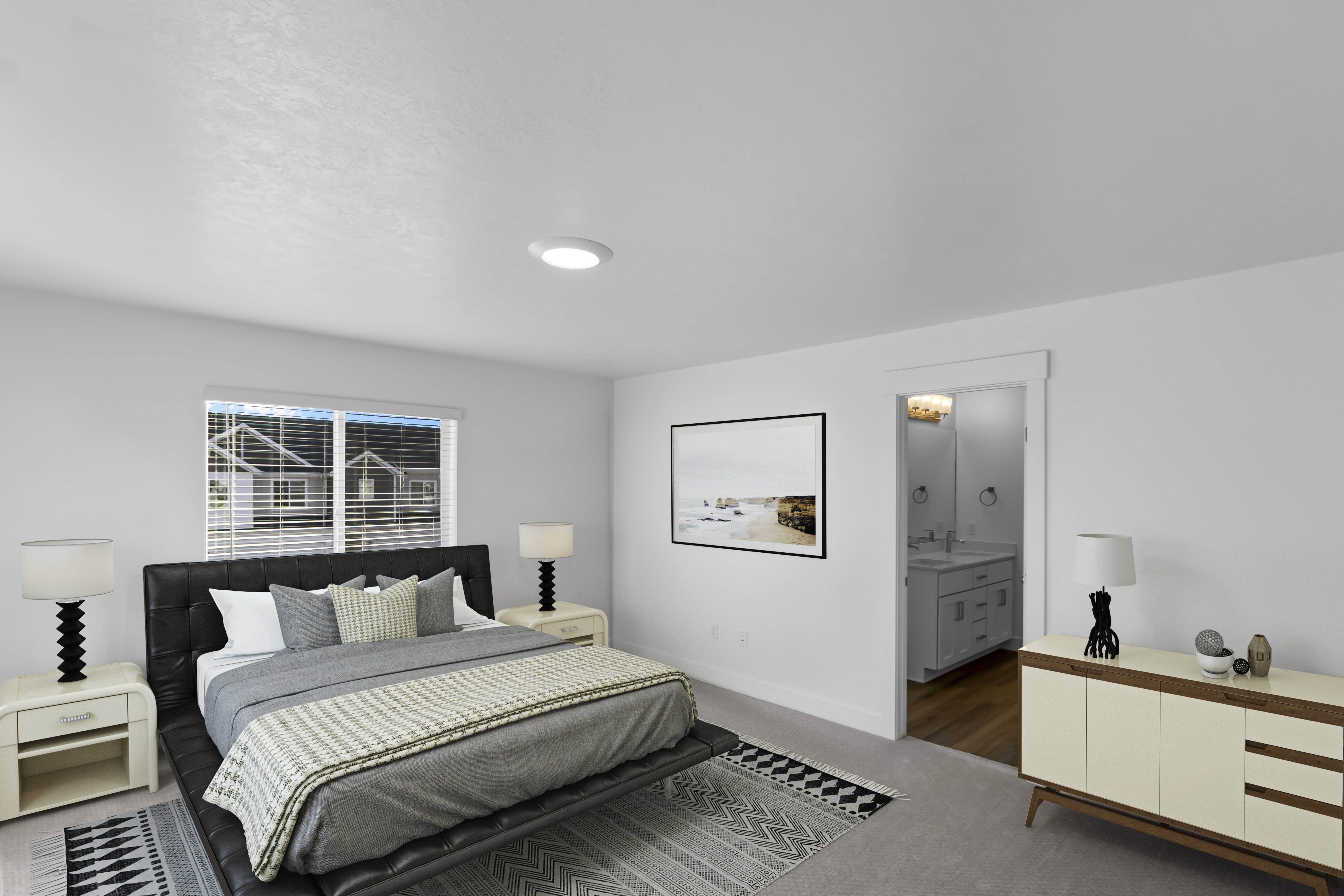 Primary Bedroom with a window featuring blinds, a recessed ceiling light, and light gray wall paint