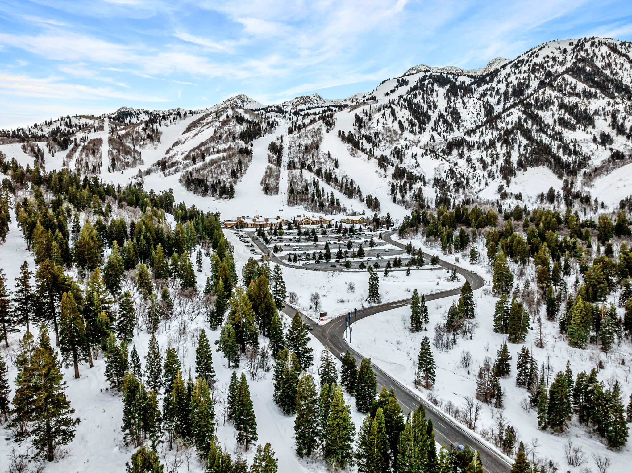 Snow-covered mountain landscape featuring evergreen trees and a winding paved road