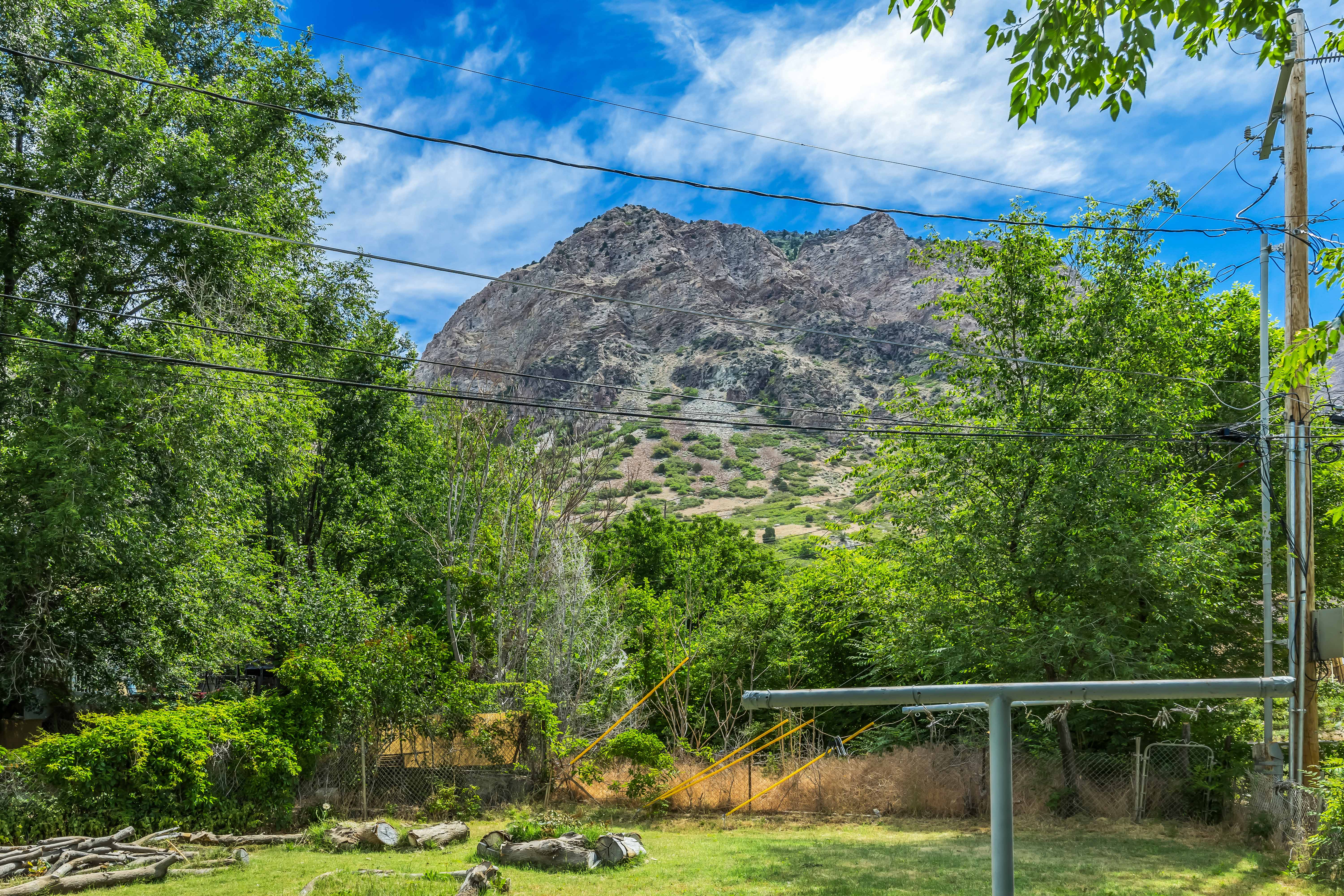 Expansive outdoor space featuring a verdant lawn, mature trees, and a mountain backdrop
