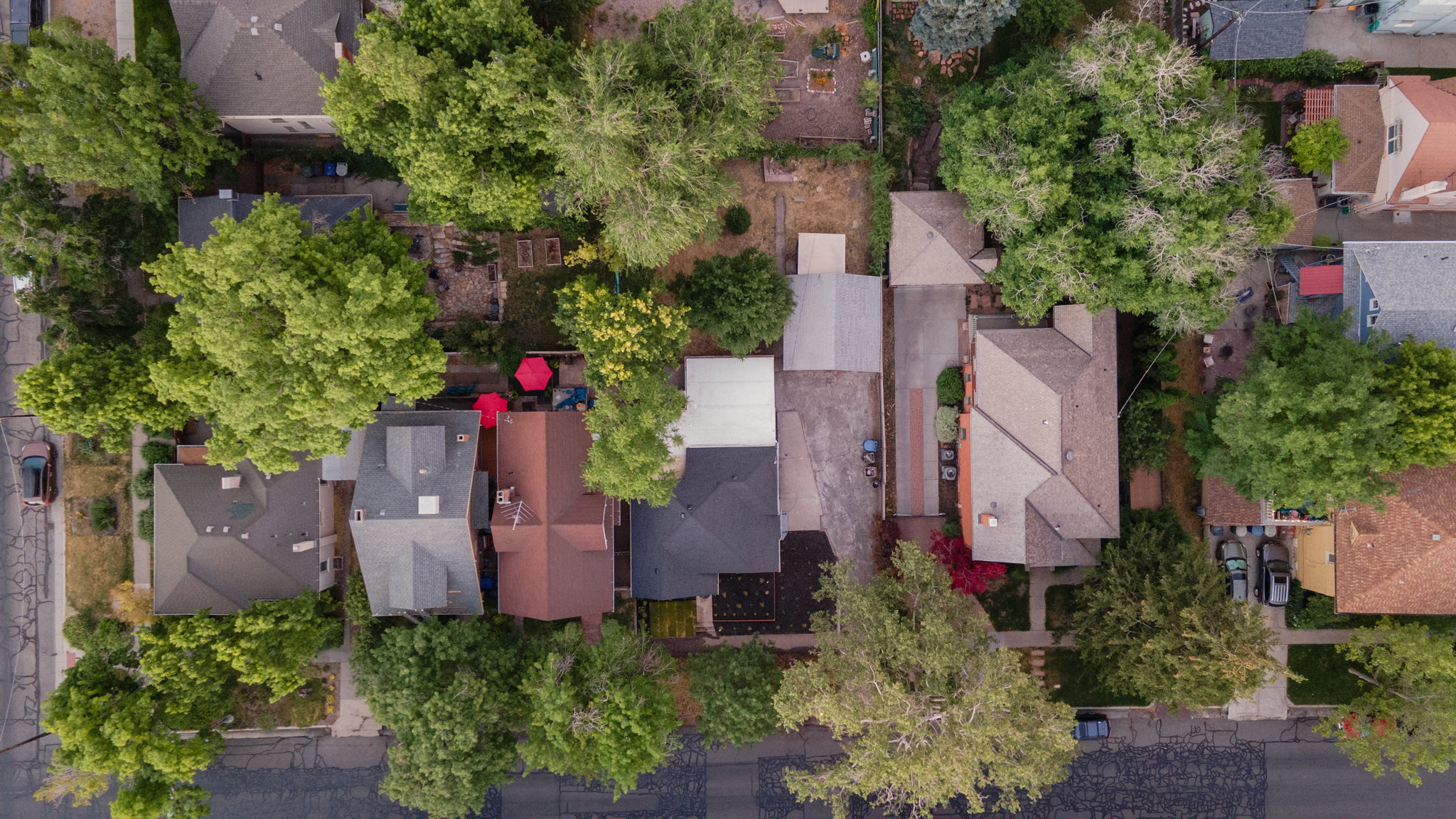 Aerial perspective showcasing residential properties with mature tree canopies