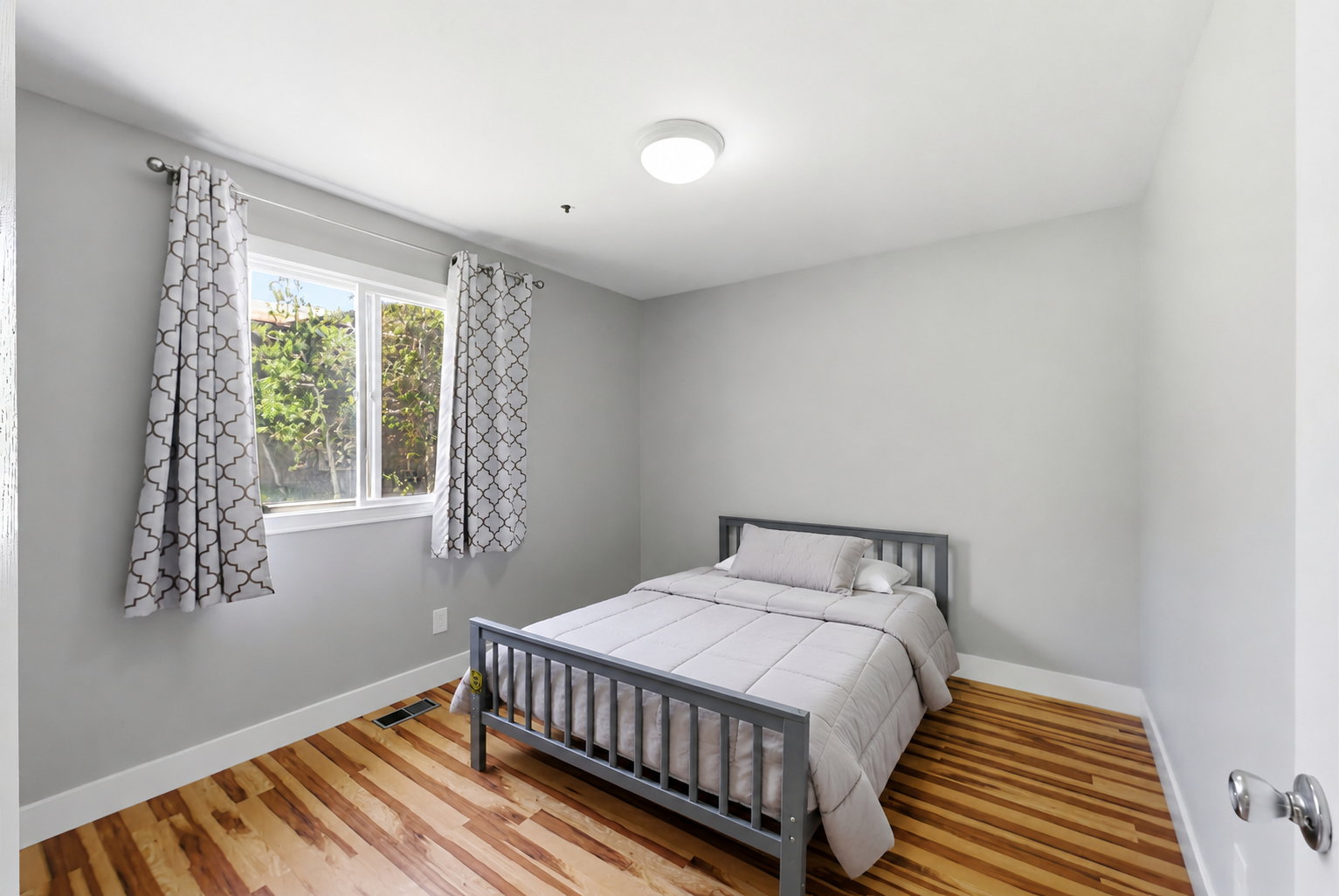 Light-filled room featuring wood-finish flooring, a double window with white trim, a flush-mount ceiling light fixture, and light gray wall paint