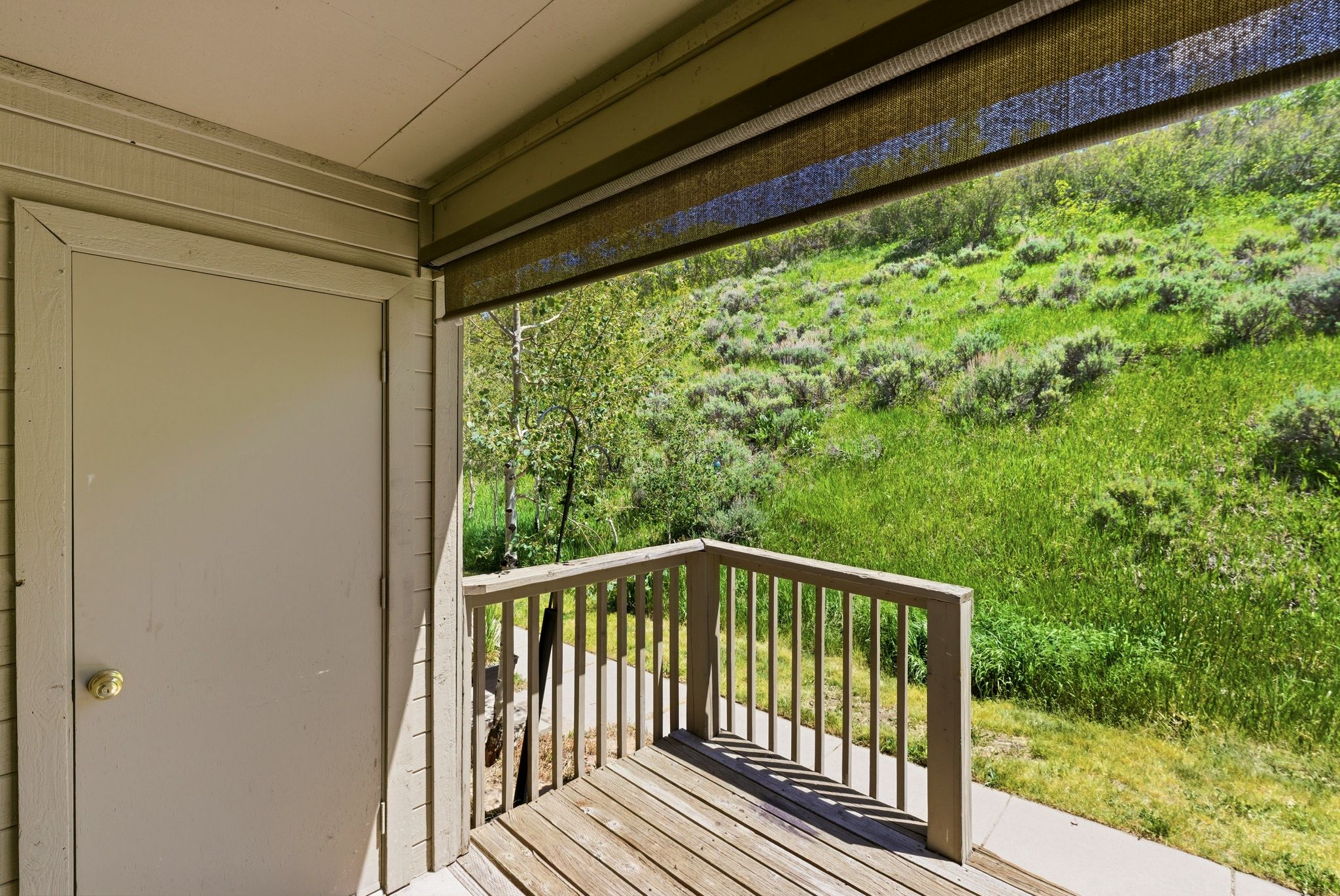 Private outdoor deck featuring natural wood decking, wood railing, and a slatted roller shade