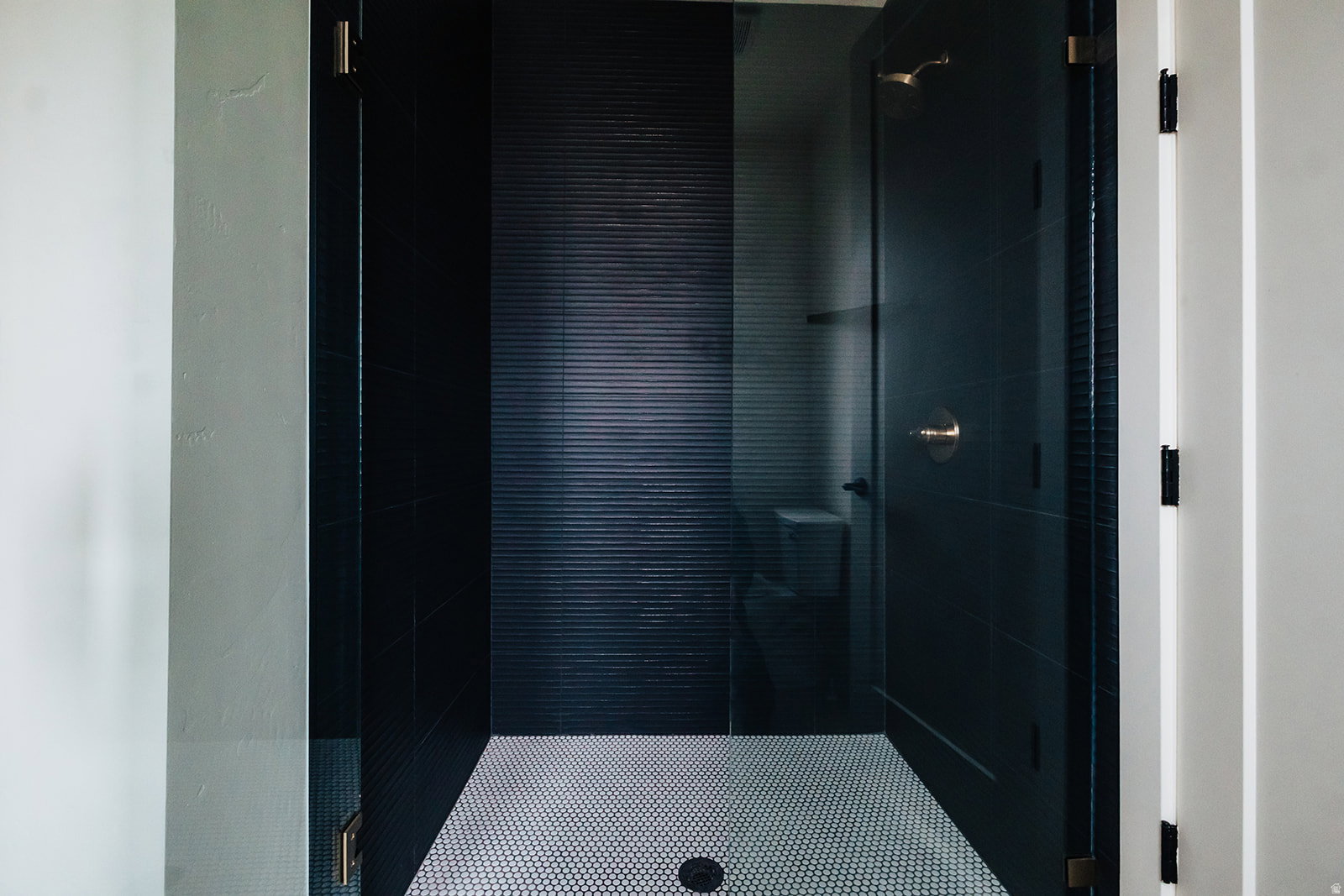 Walk-in shower with clear glass enclosure and dark tile walls
