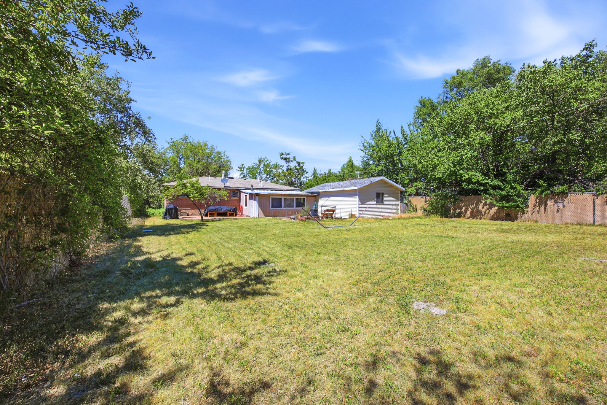 Expansive grassy yard with mature perimeter trees, a detached outbuilding, and a single-story residence with a patio