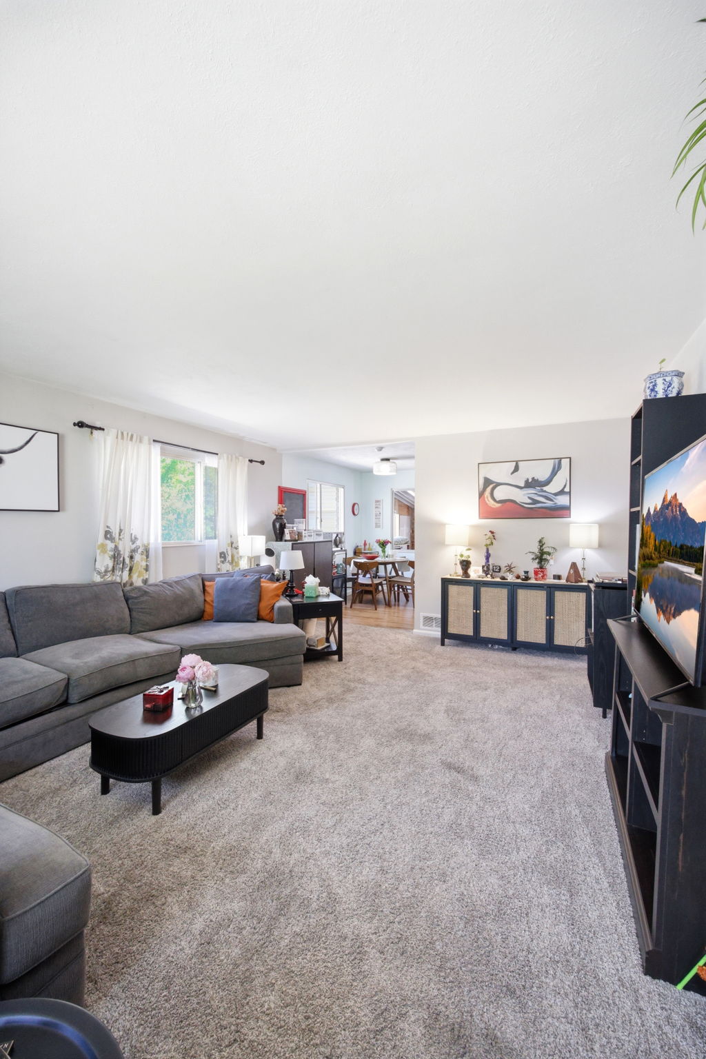 Carpeted living area featuring light gray wall paint, white trim, and a window with white curtains