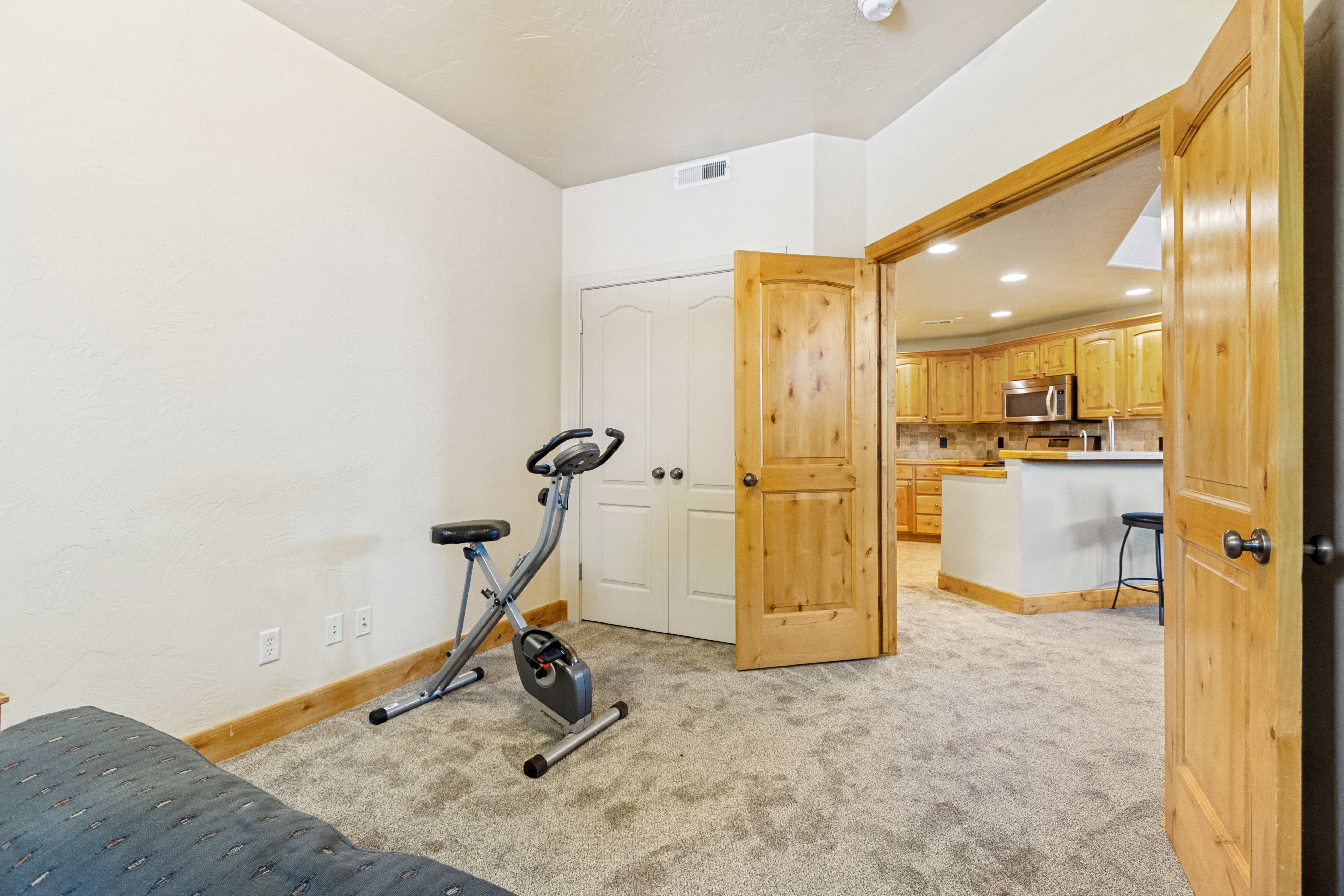 Carpeted room with light wood baseboards and a double-door closet
