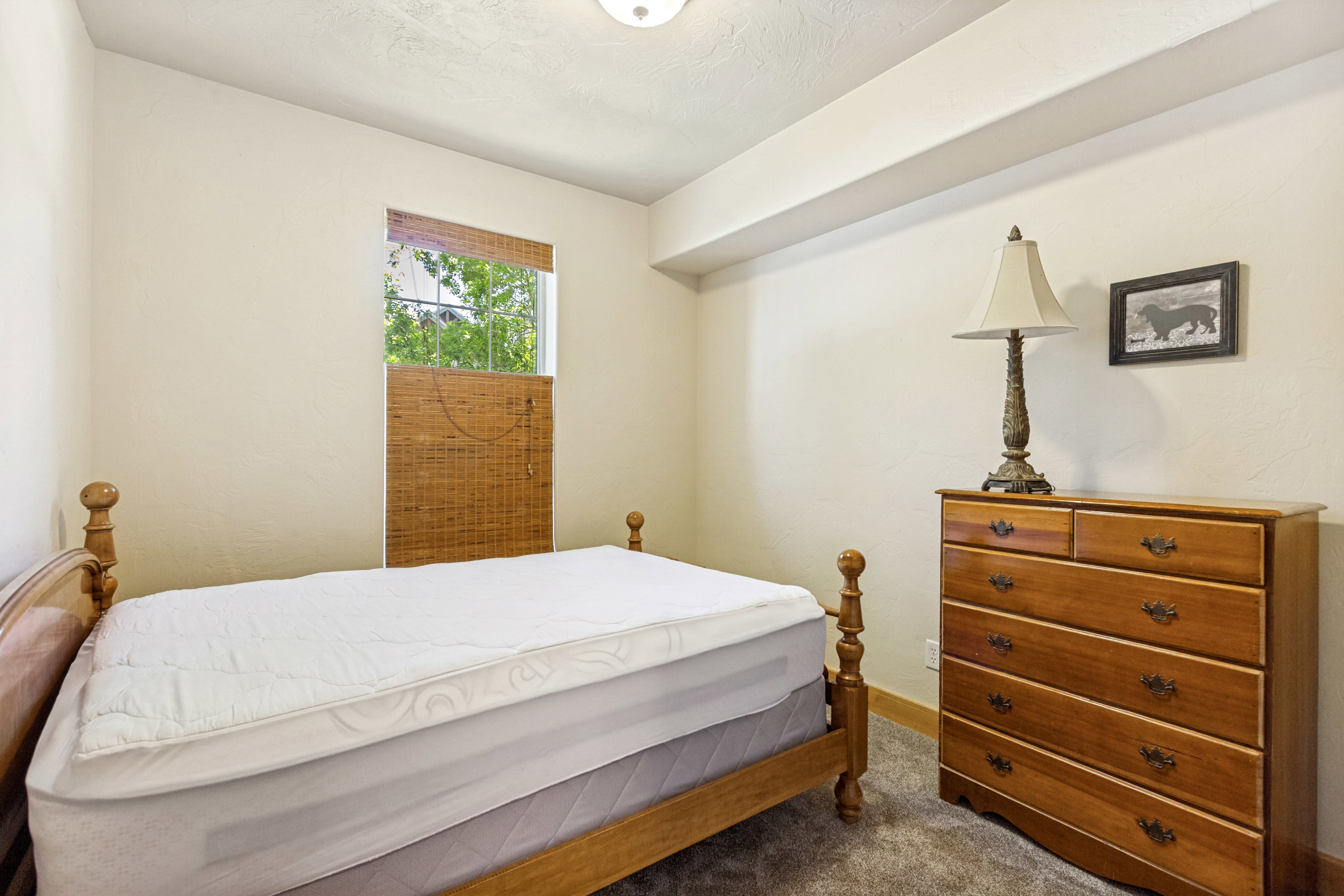 Room featuring light-colored walls, ceiling-mounted lighting, and a window with a woven shade