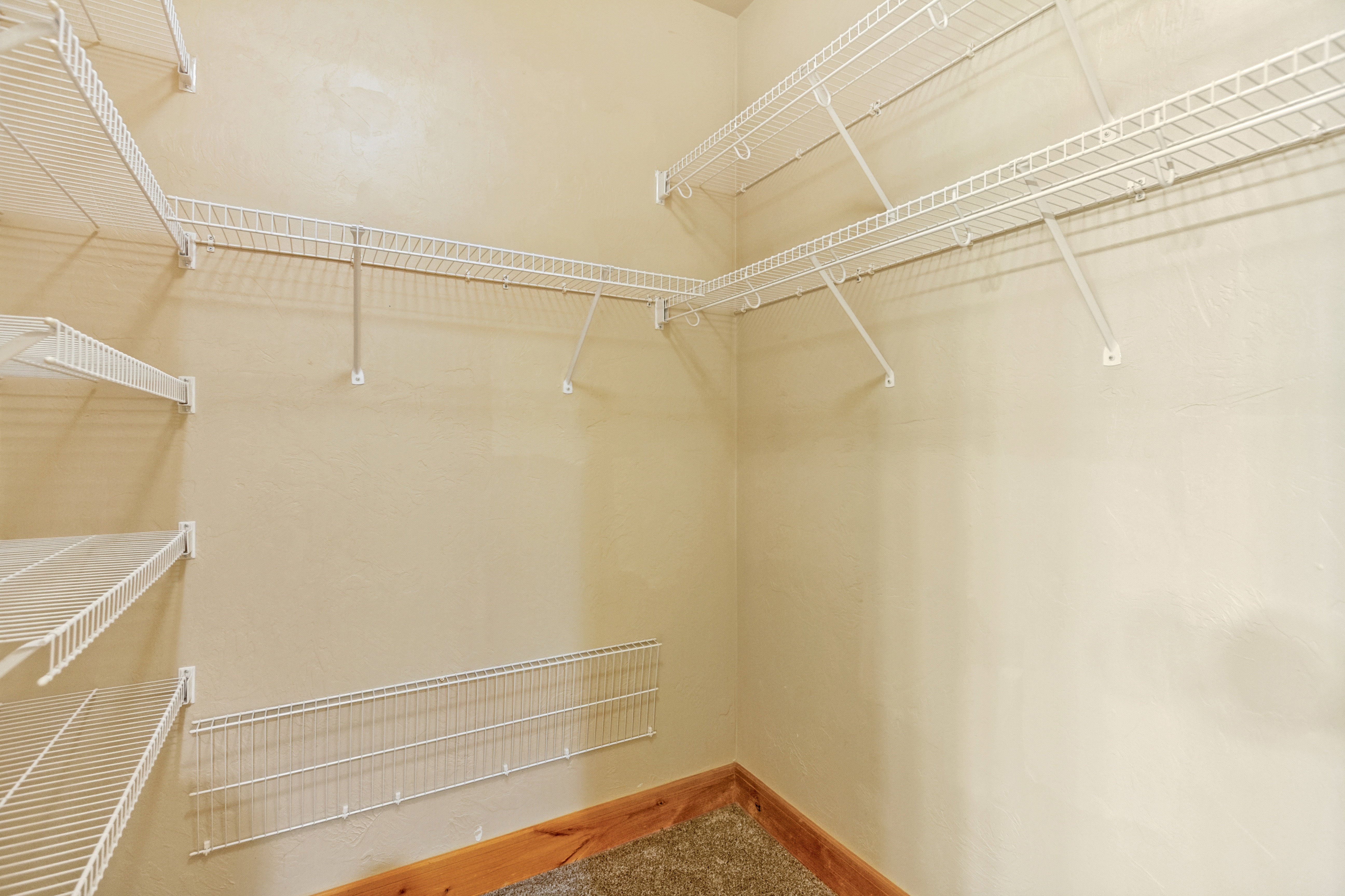 Interior walk-in closet featuring built-in wire shelving, ample storage options, neutral wall paint, wood-finish baseboards, and carpet flooring