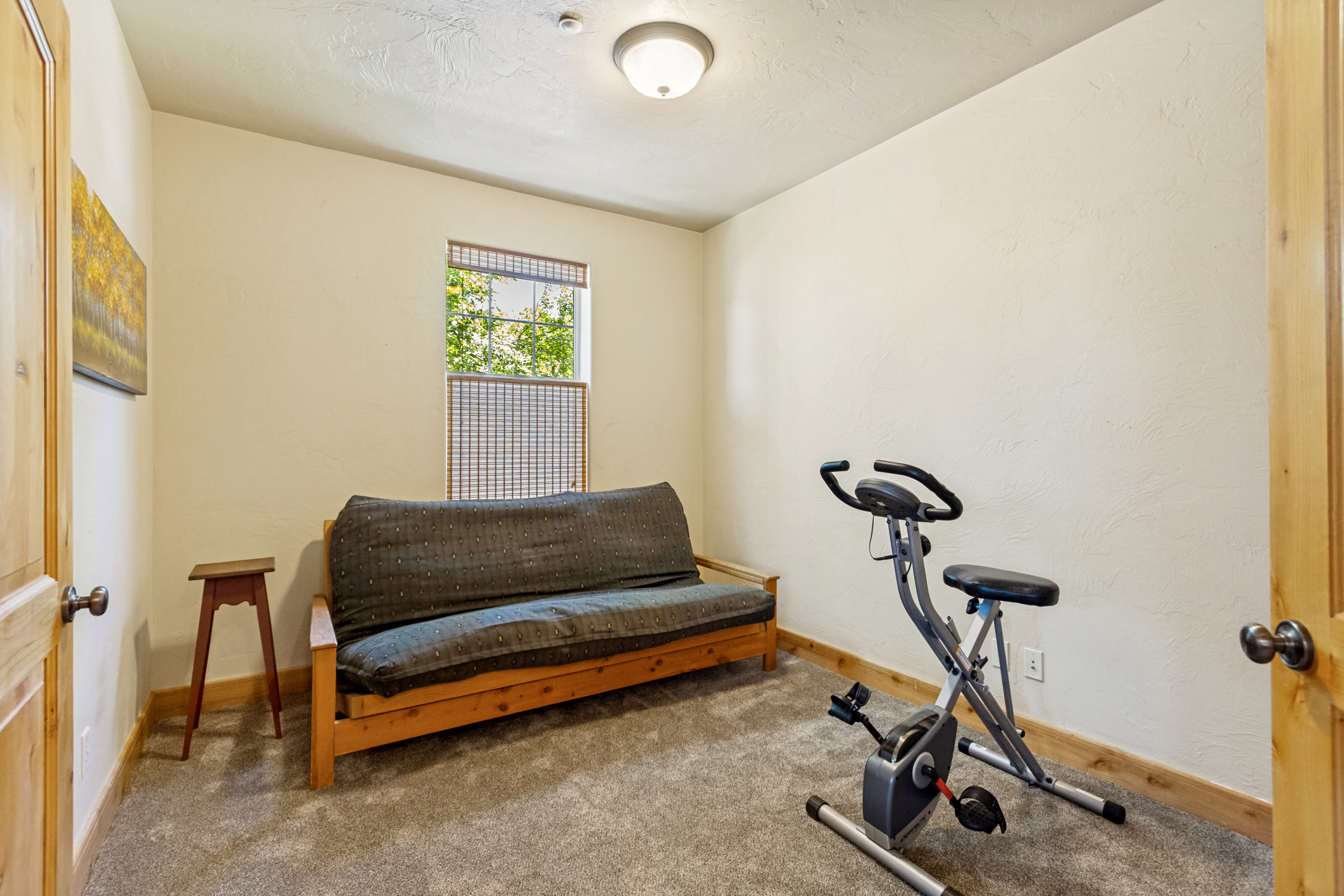 Carpeted room with a window featuring horizontal blinds