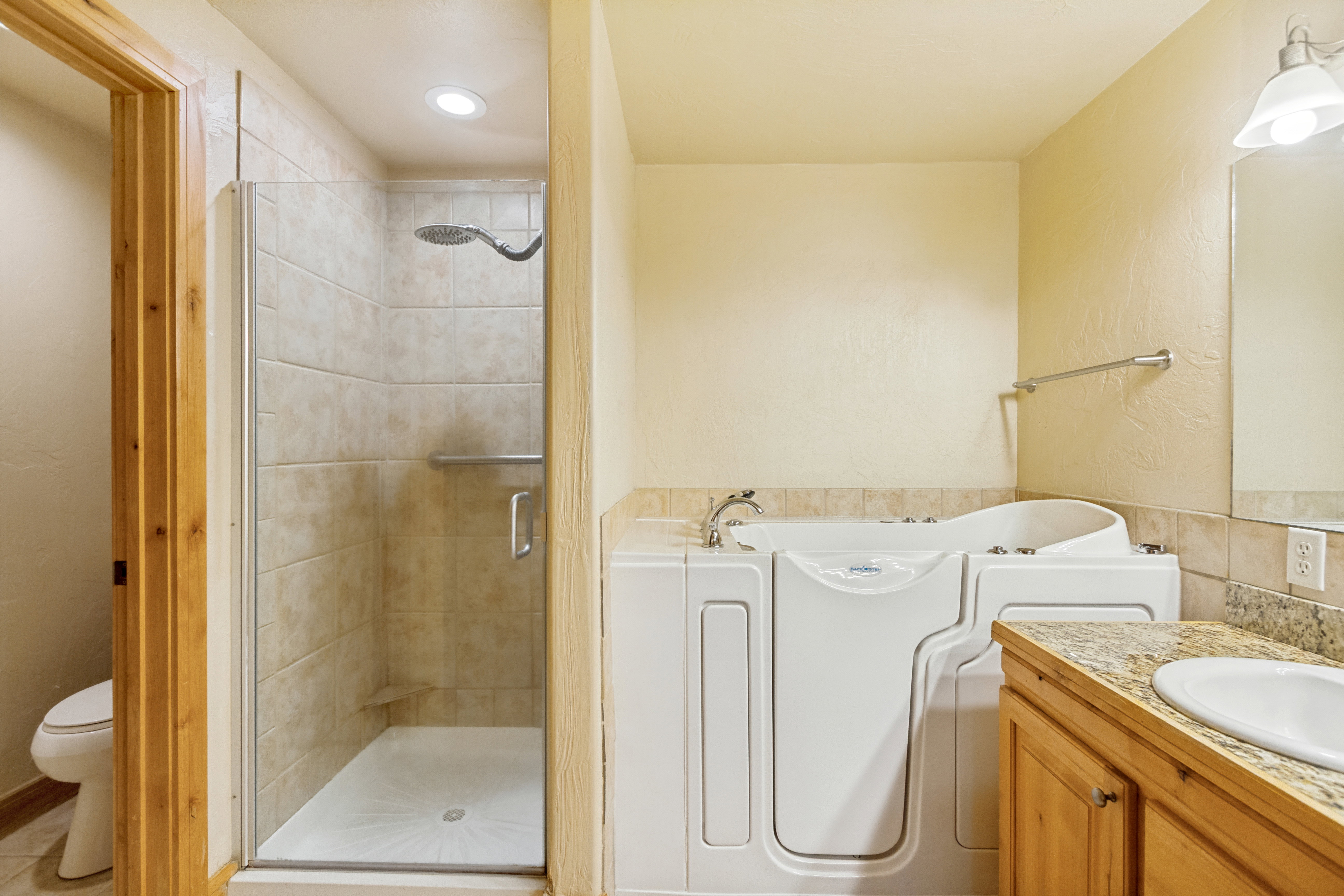 Bathroom featuring a walk-in tub, a glass-enclosed shower with tiled walls, and a single vanity with a granite-style countertop