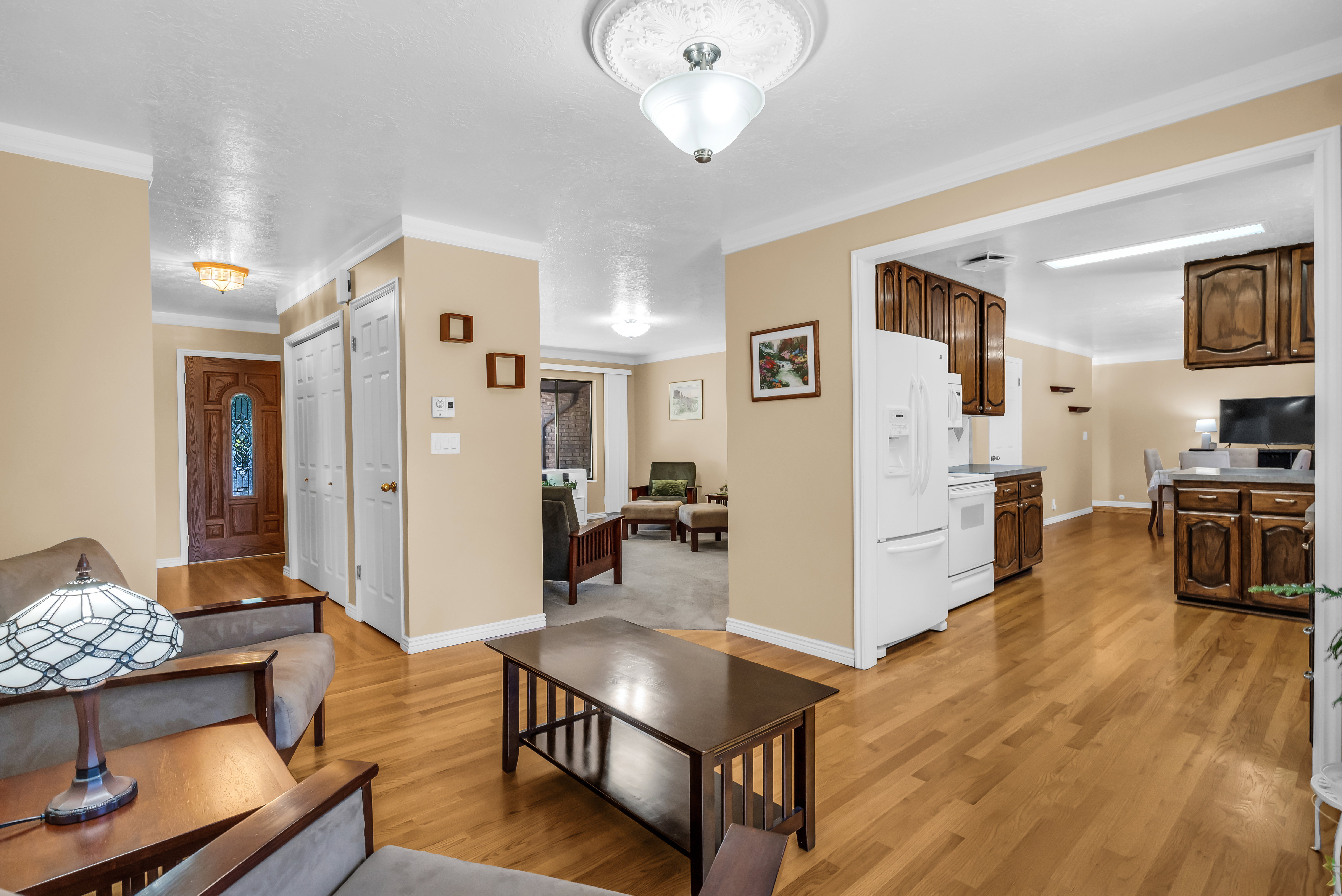 Wood-finish flooring throughout the main living areas