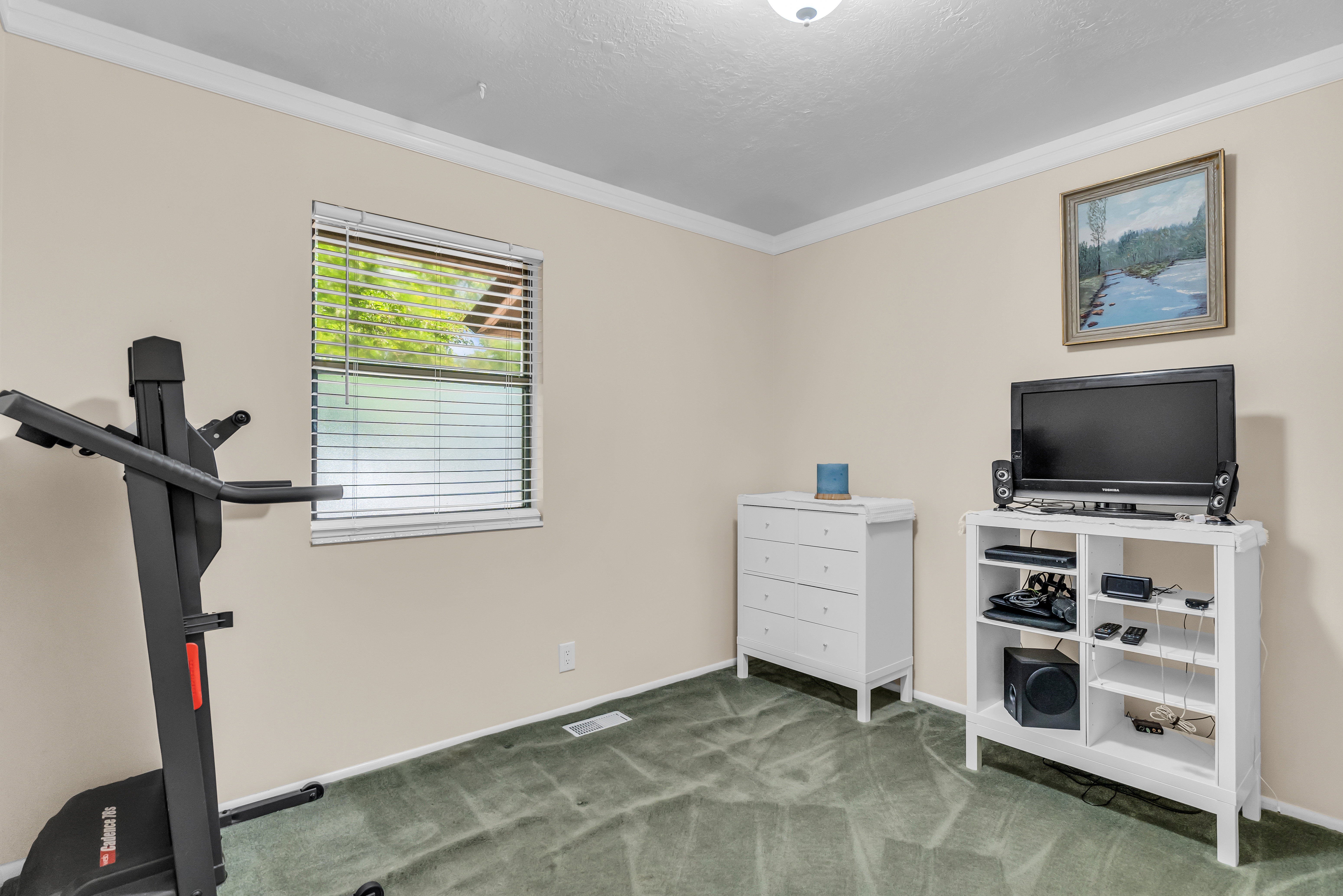 Carpeted room with a single window featuring horizontal blinds