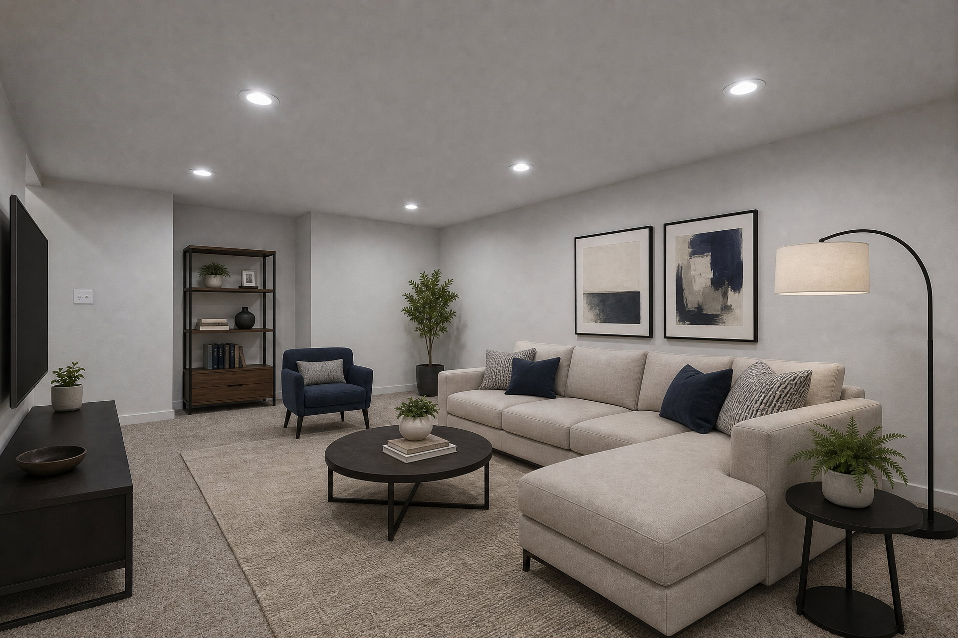 Spacious living area featuring recessed lighting, light gray wall finish, and soft carpet flooring