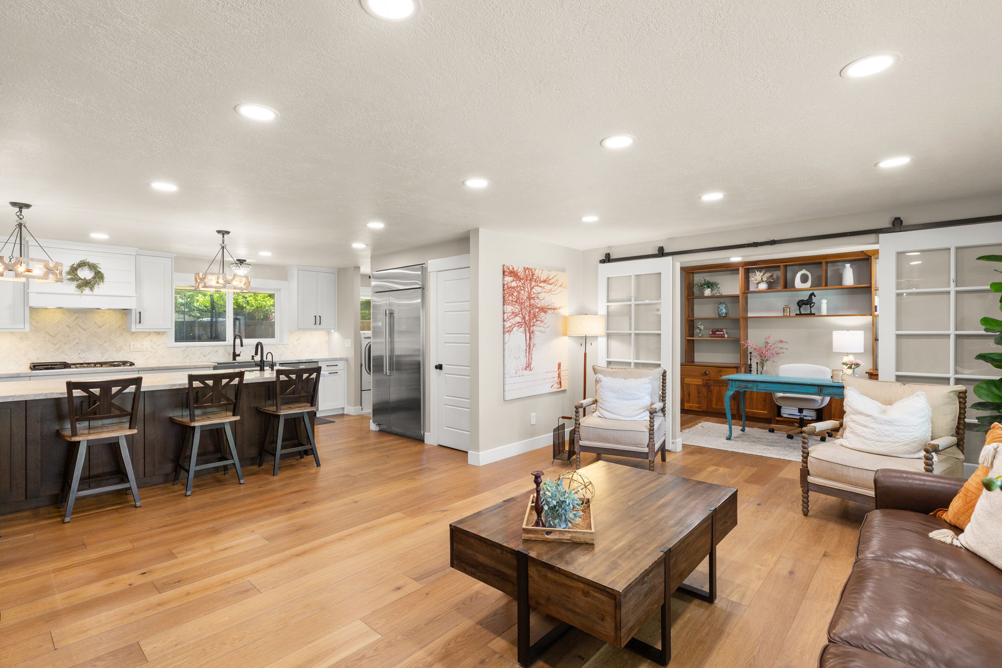 Invigorating Renovation Open Contemporary Kitchen, Elegant Living Area and Upscale Office with Sliding Glass Door!