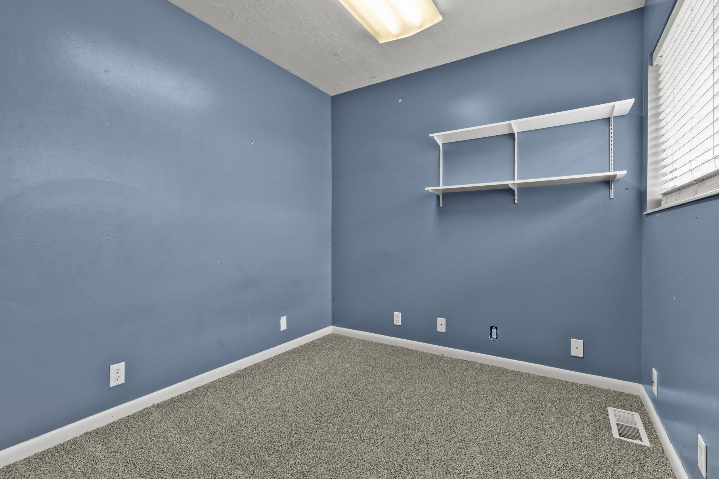 Room with blue walls, carpet flooring, and a built-in shelving unit