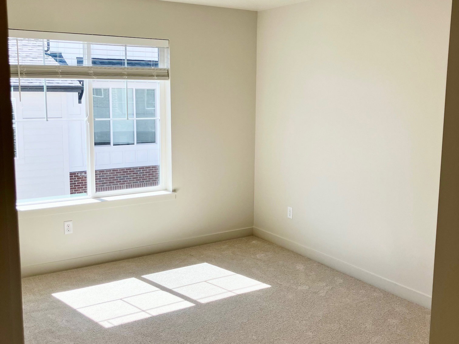 Carpeted room featuring a single window with blinds, a flush-mount ceiling light, and neutral wall paint
