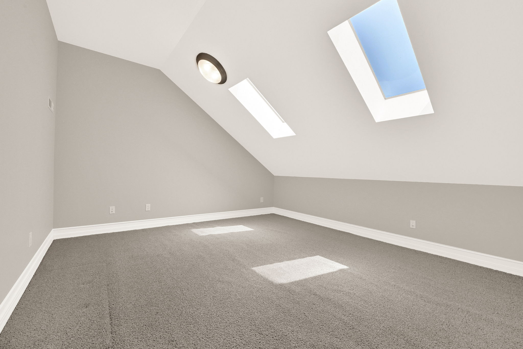 Multipurpose room on upper-level room featuring two skylights, a sloped ceiling, and a flush-mount ceiling light fixture with access via ladder