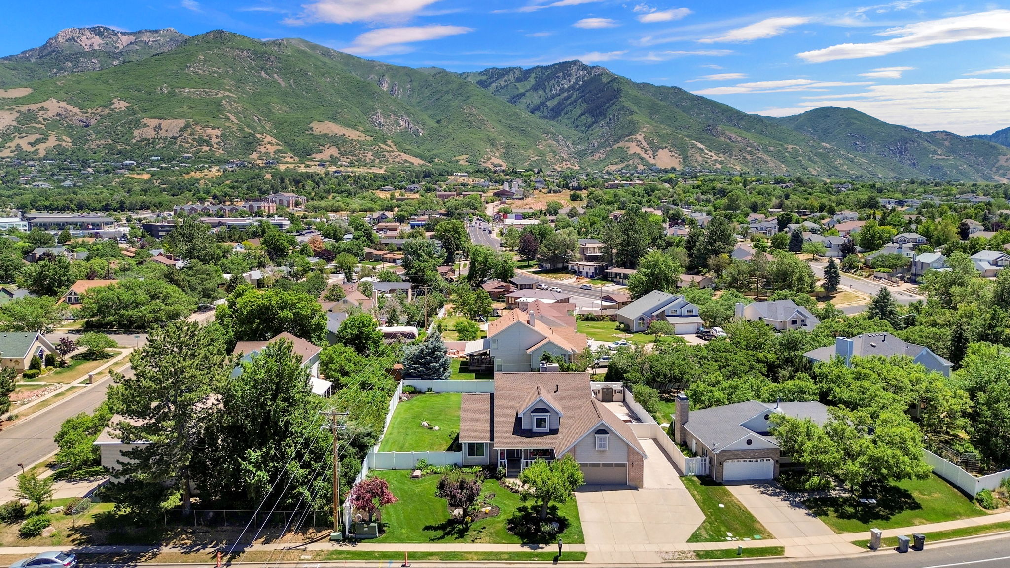 Expansive residential neighborhood featuring lush tree canopy and distant mountain ranges