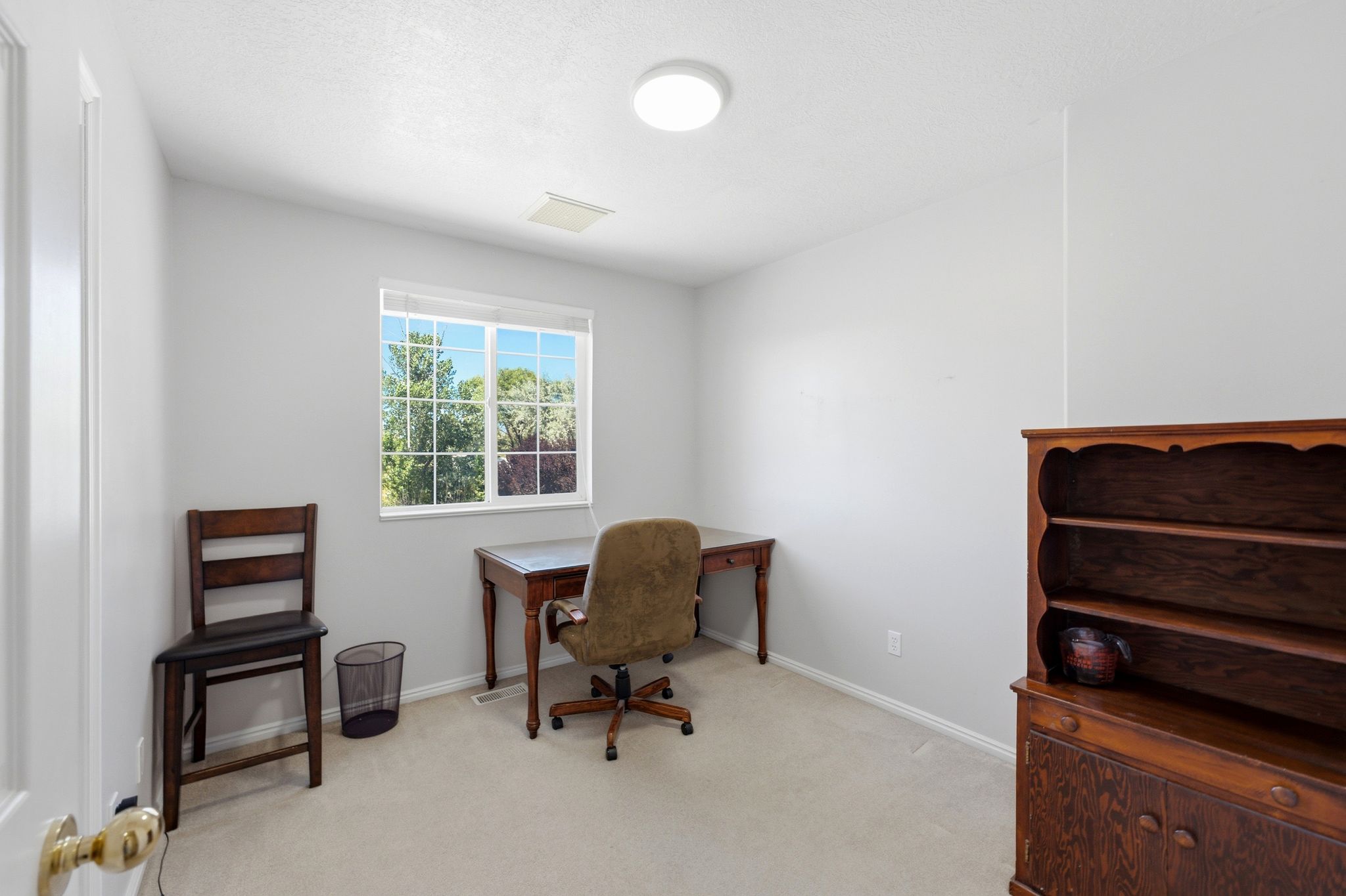Bright room featuring a large window, neutral carpet flooring, and light-colored wall paint