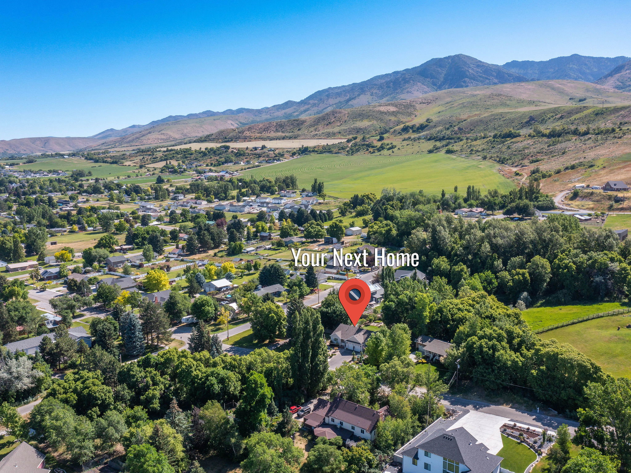 Aerial perspective showcasing a residential area with varied housing styles