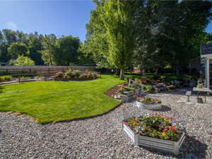 Expansive backyard featuring a manicured lawn, established trees, and decorative rock landscaping