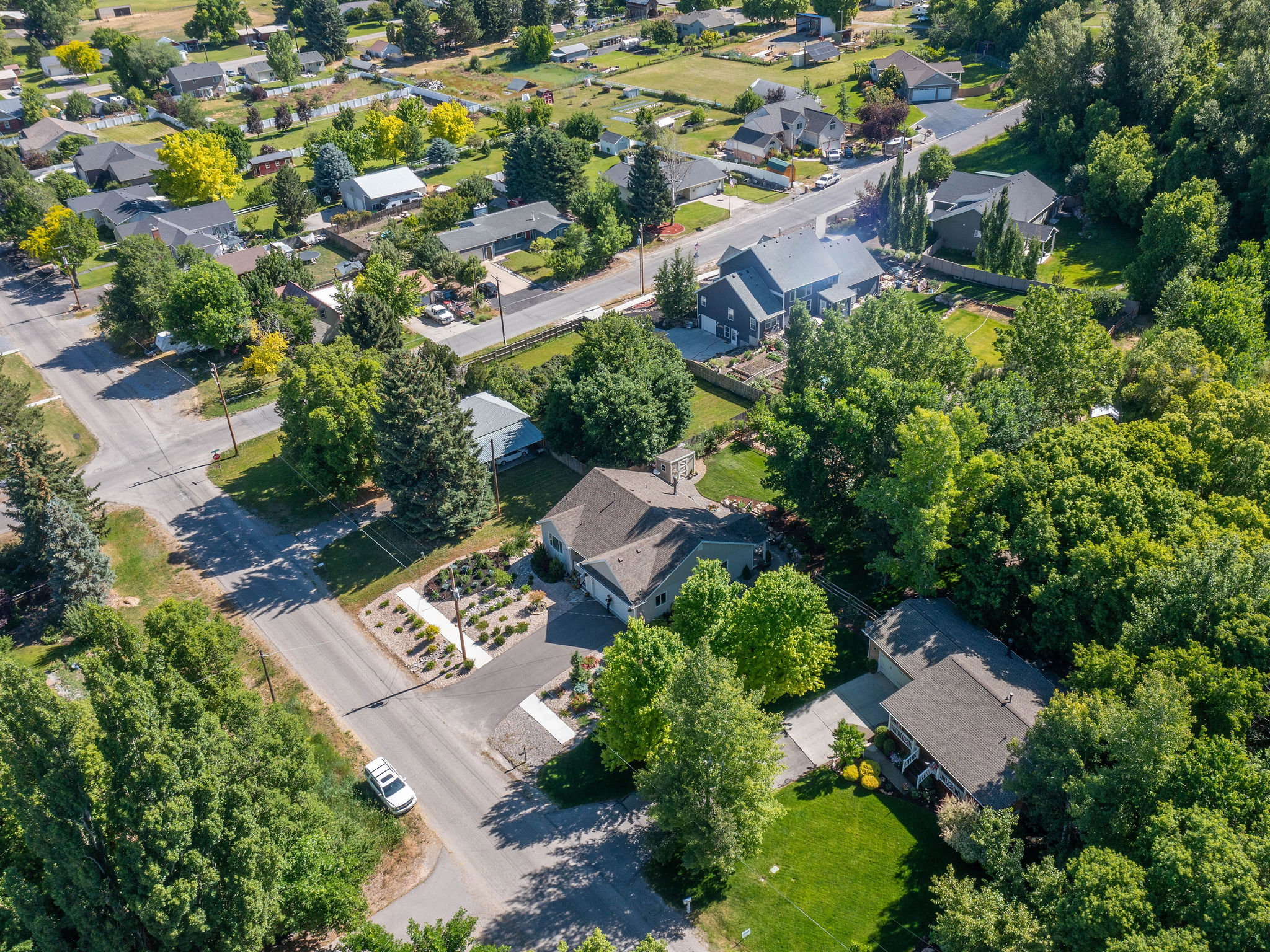 Aerial perspective showcasing a residential area with varied home styles and mature tree coverage